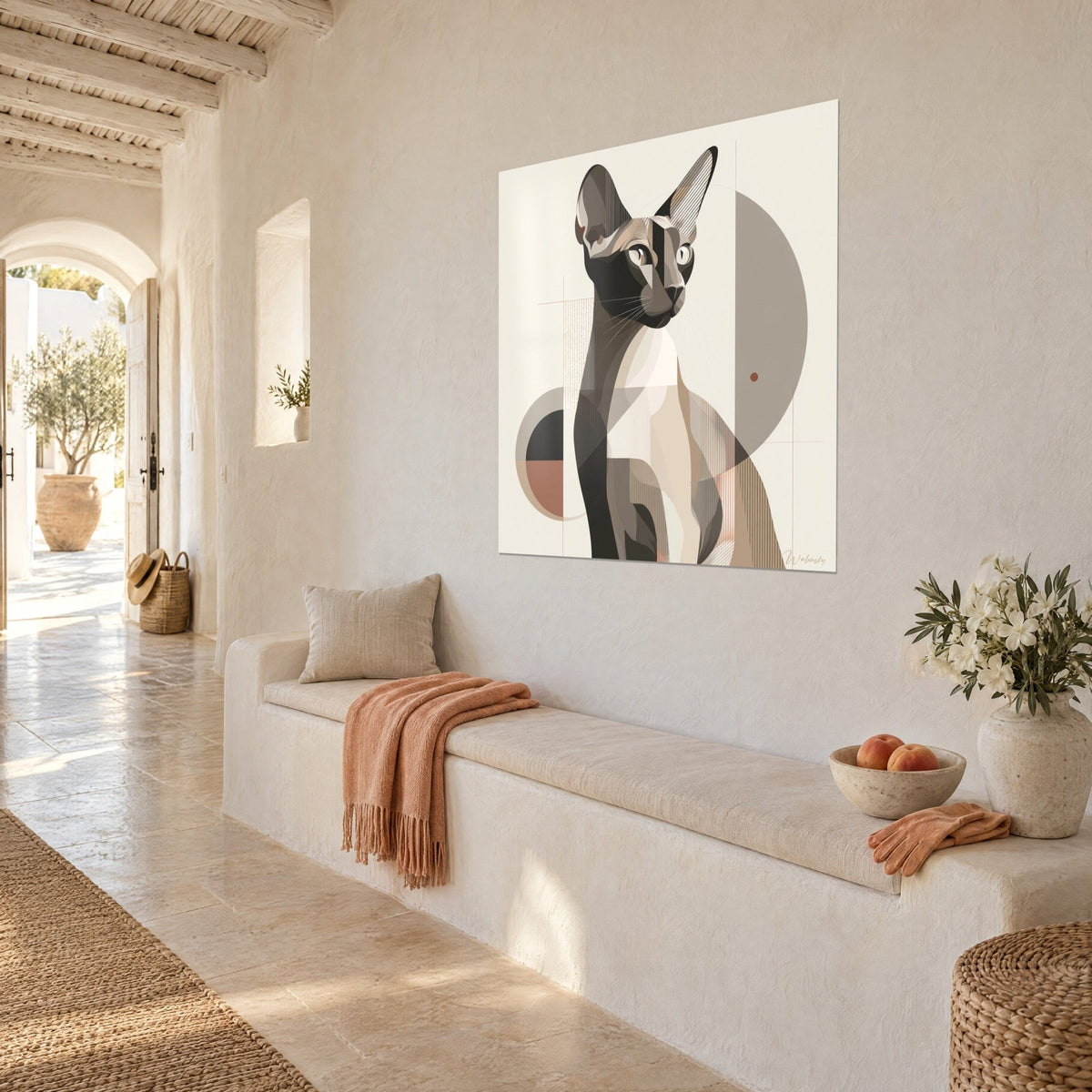 Wall art stylized sphynx feline, taupe grey circle and rust dot, three-quarter view, above a white stone bench