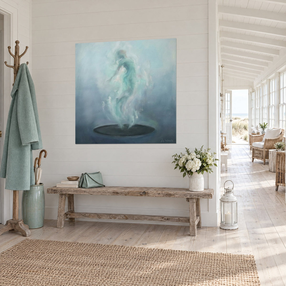 Wall art ethereal turquoise gymnast whirling through blue-grey mist, airy brushstroke on a black disc, wooden bench and changing room