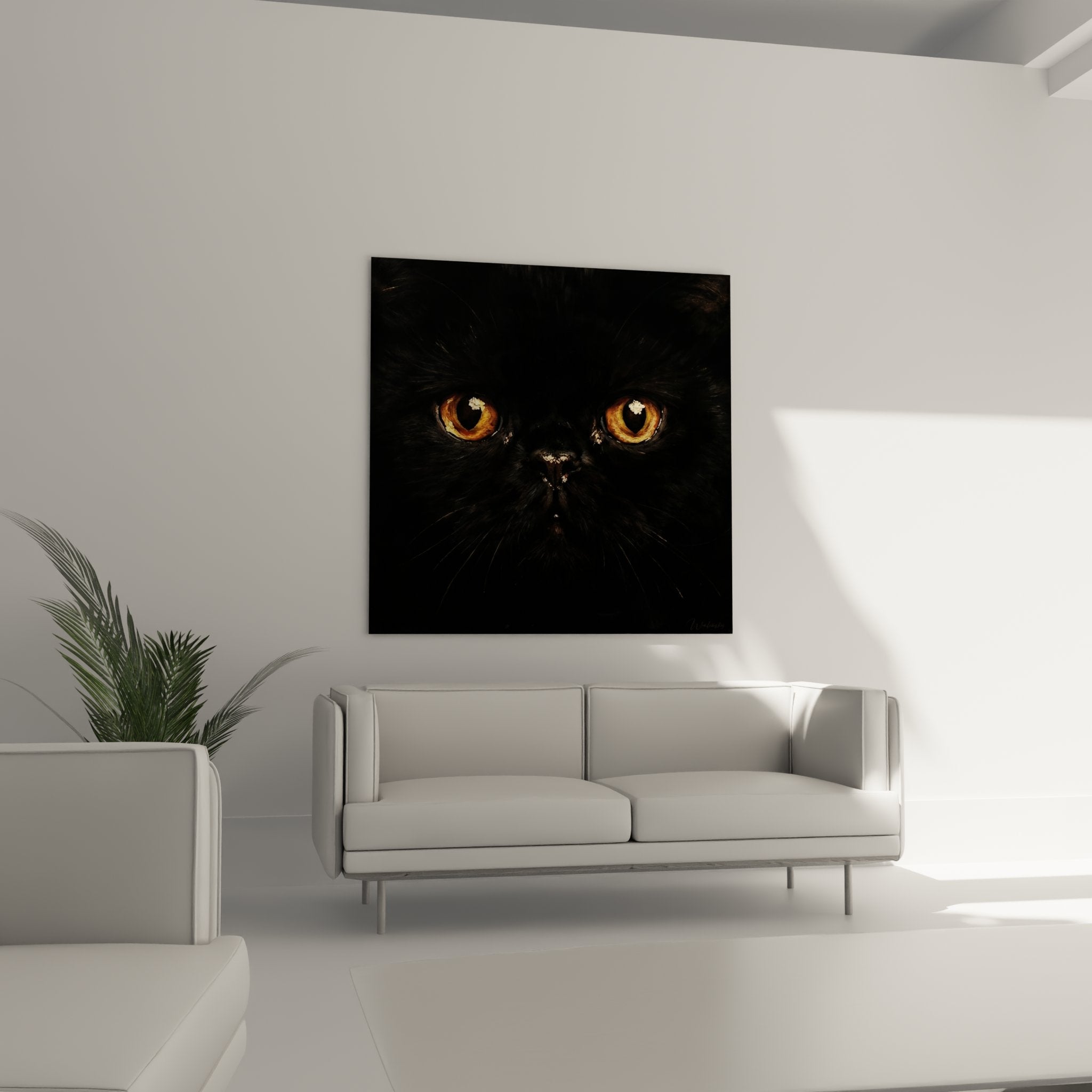 Primo piano occhi ambrati dorati gatto nero, dettaglio artistico sguardo felino intenso, opera d'arte murale Exotic Shorthair