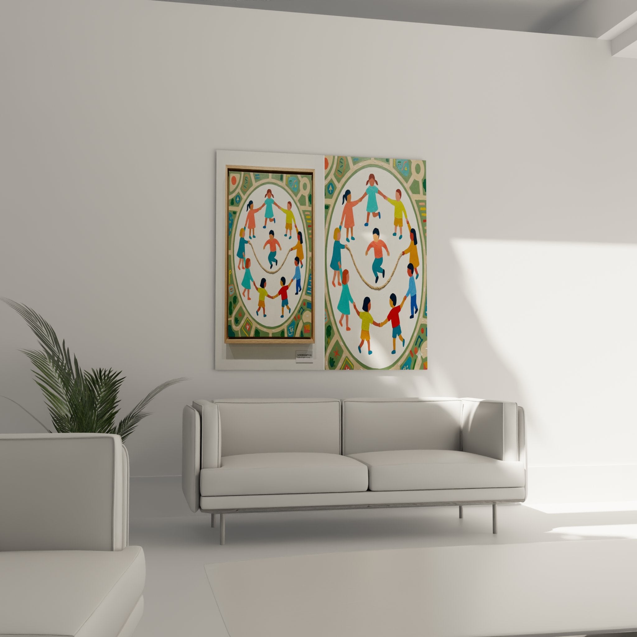 Détail du tableau montrant les enfants colorés tenant la corde à sauter naturelle au centre de la composition