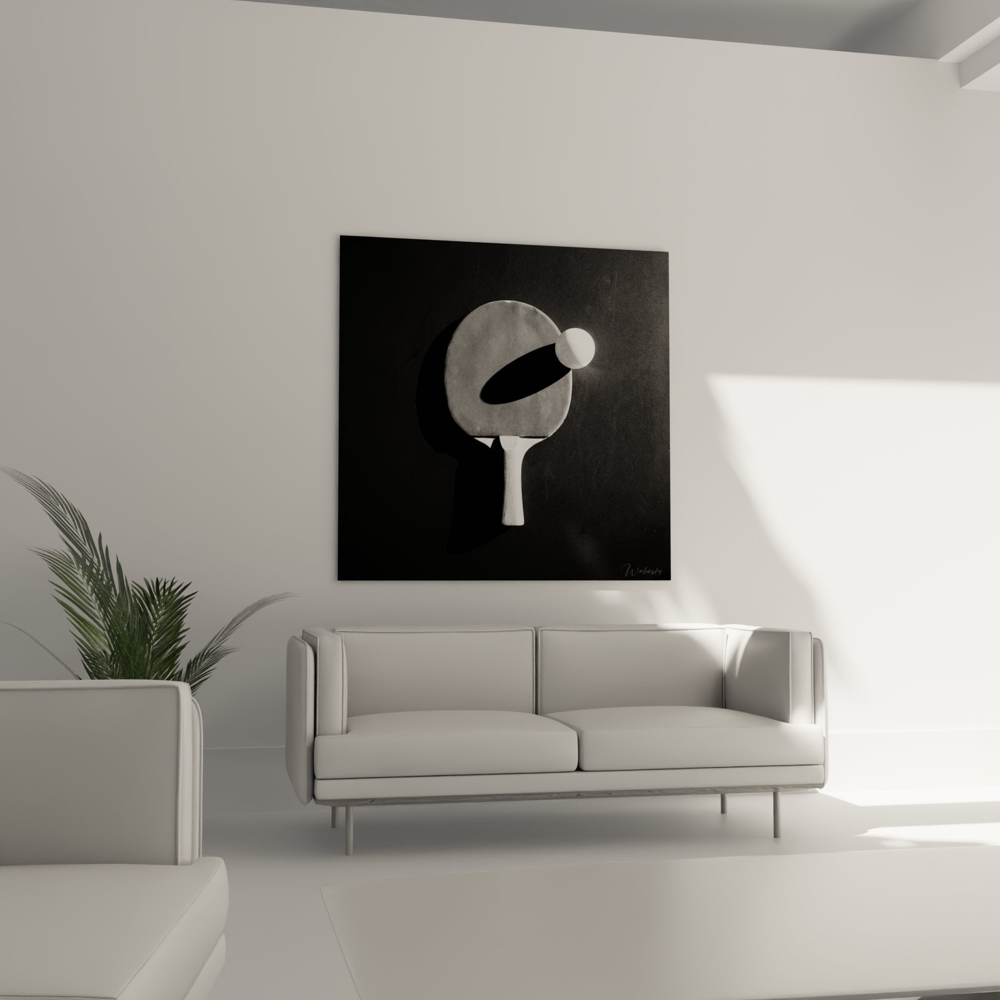 Detail rapproche tableau ping pong montrant raquette balle ombres geometrie noir blanc art contemporain