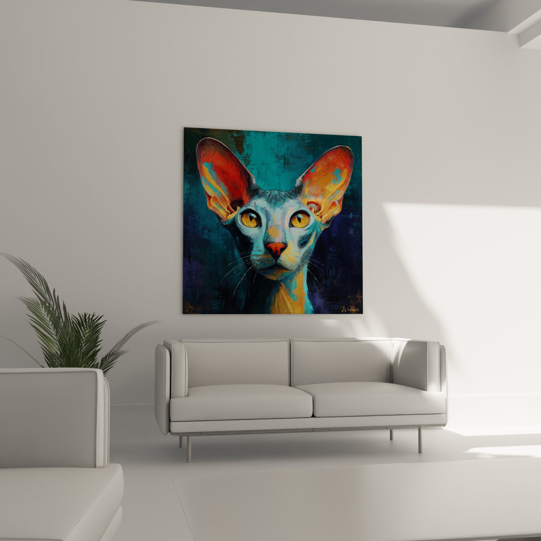 Gros plan tableau chat Oriental Shorthair, details peinture moderne yeux jaunes oreilles colorees artistique