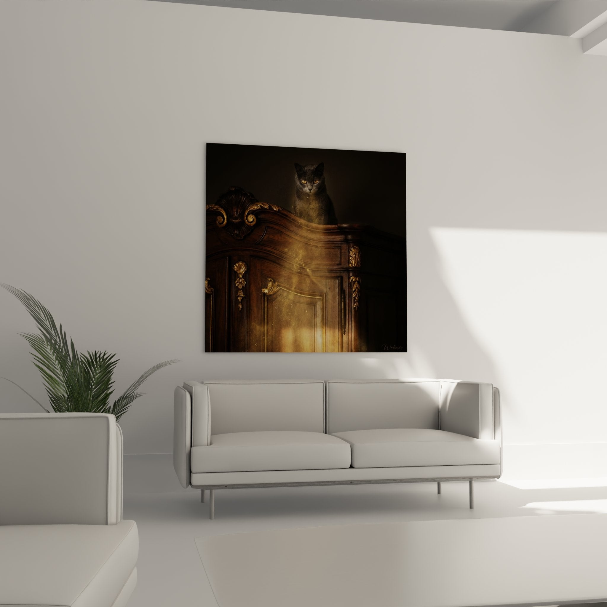 Close-up detail of gray-blue Chartreux cat on gilded sculptured wood showcasing fur texture and baroque ornaments