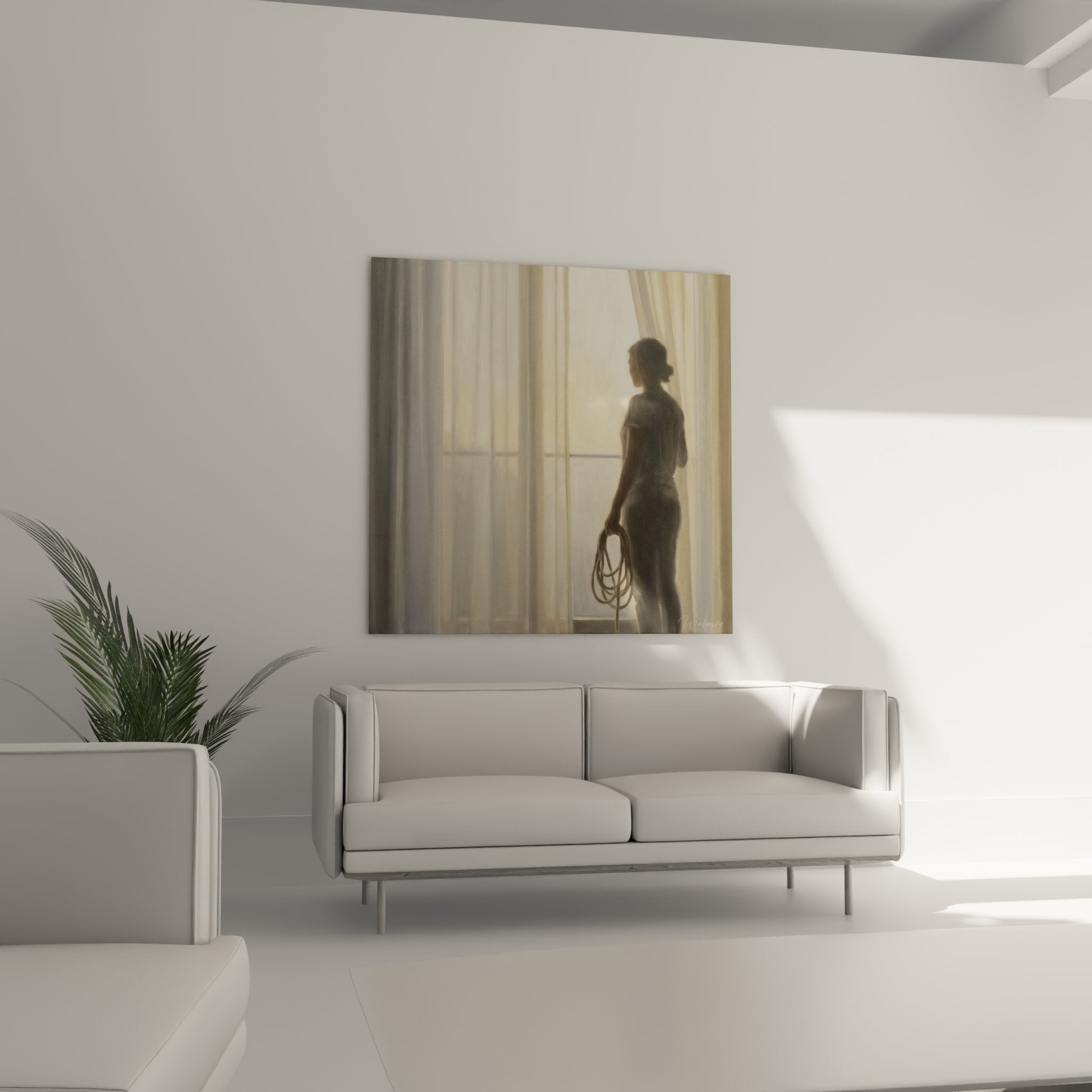 Detail tableau silhouette femme lumiere filtree rideaux effet flou artistique peinture contemporaine