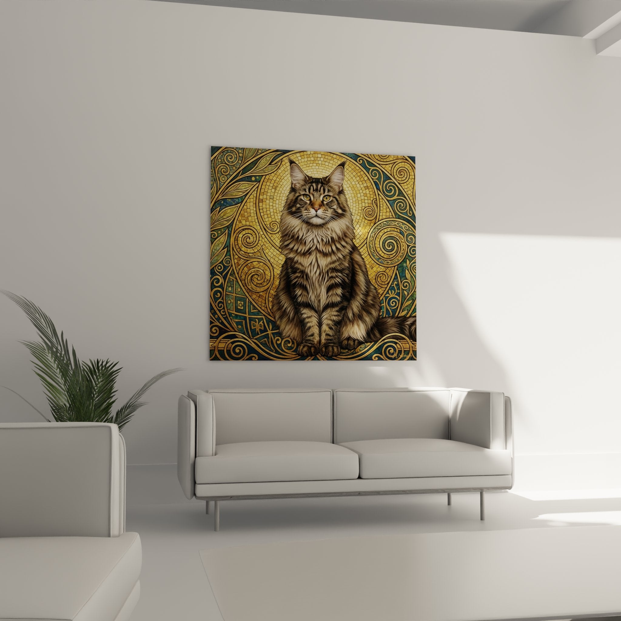 Primo piano ritratto realistico gatto Maine Coon su sfondo mosaico dorato con motivi bizantini ornamentali