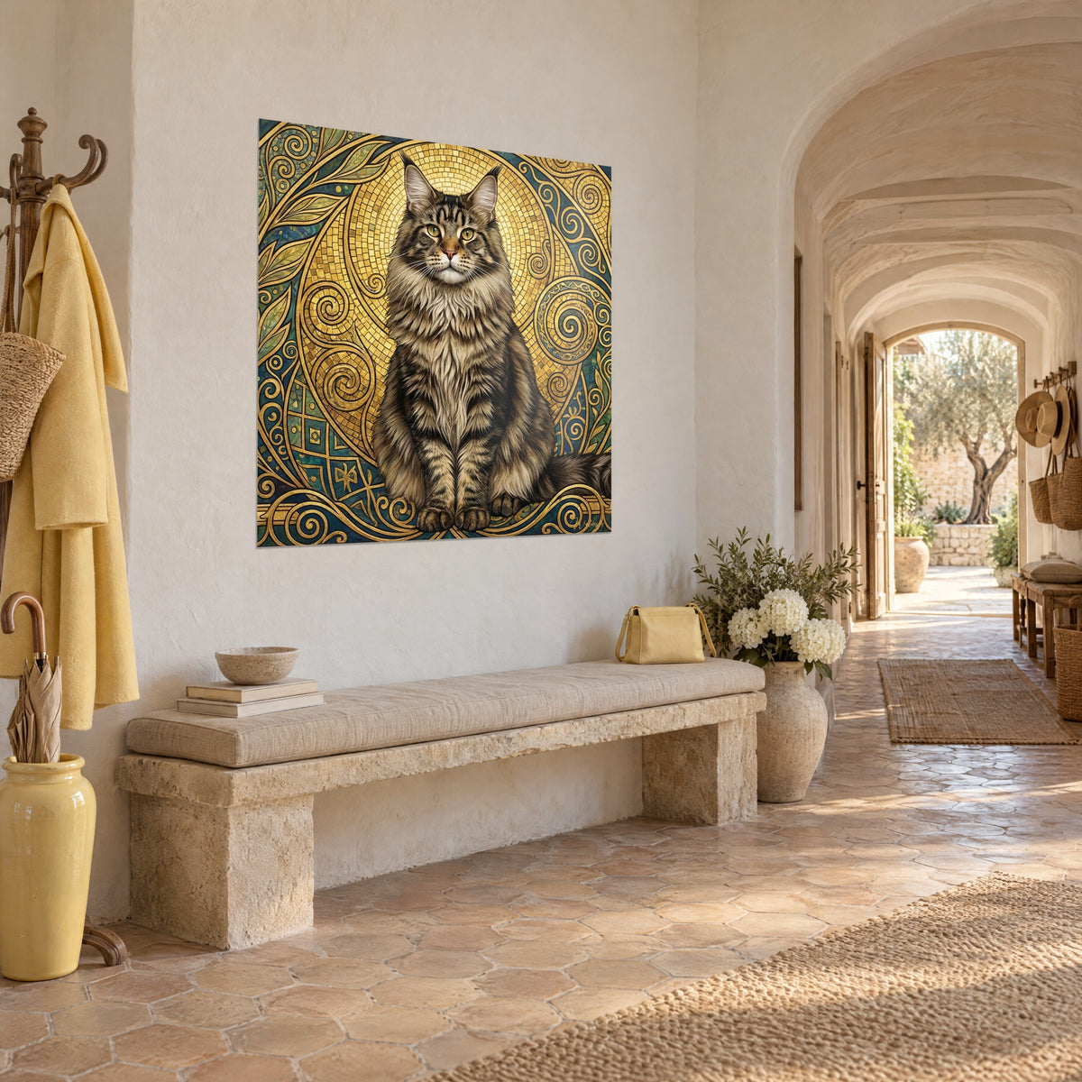 Cuadro de gato Maine Coon marrón y crema de ojos verdes, espirales doradas sobre fondo turquesa, vista de tres cuartos en un pasillo abovedado, Walensky