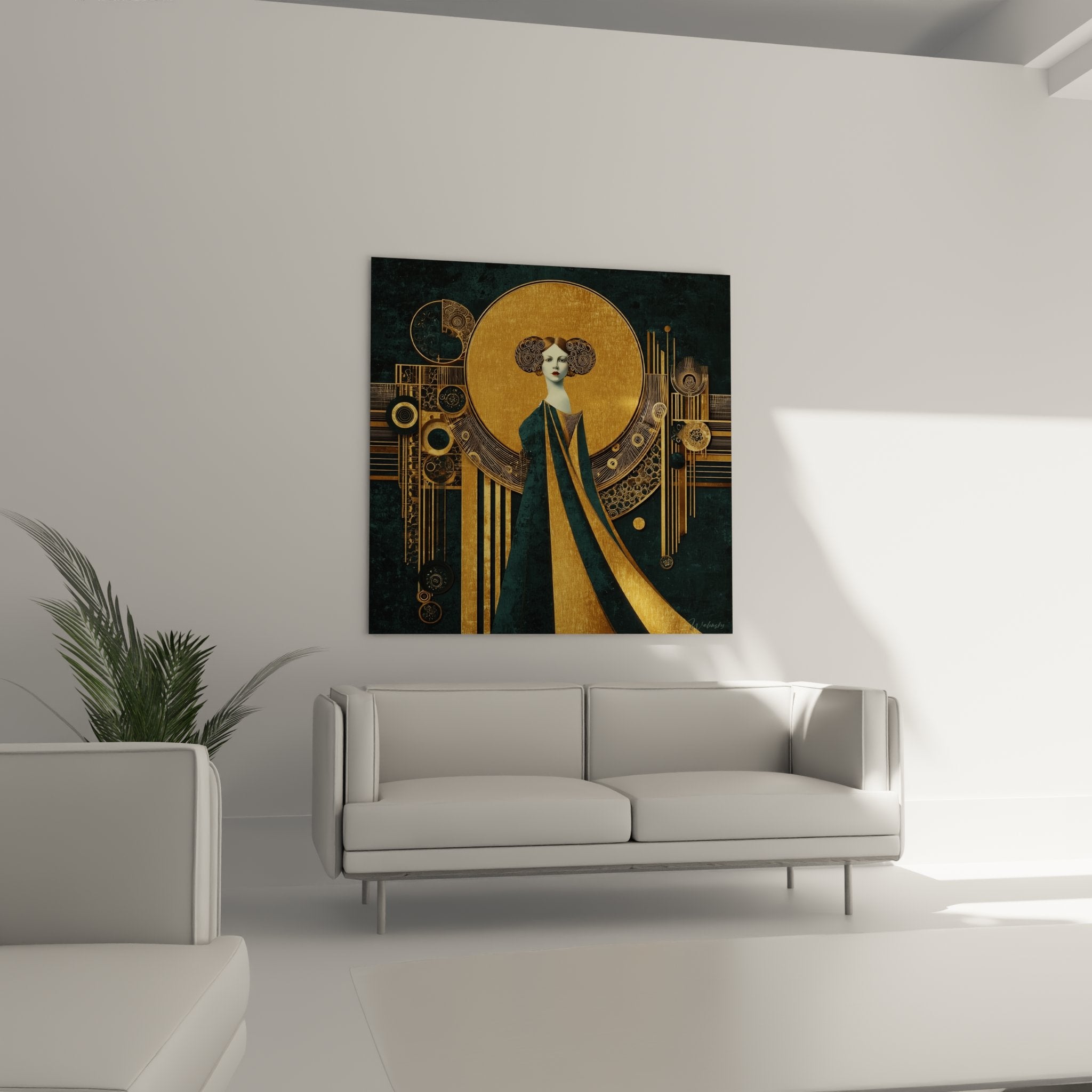 Detail du tableau art deco montrant les motifs dores geometriques et le visage stylise de la femme
