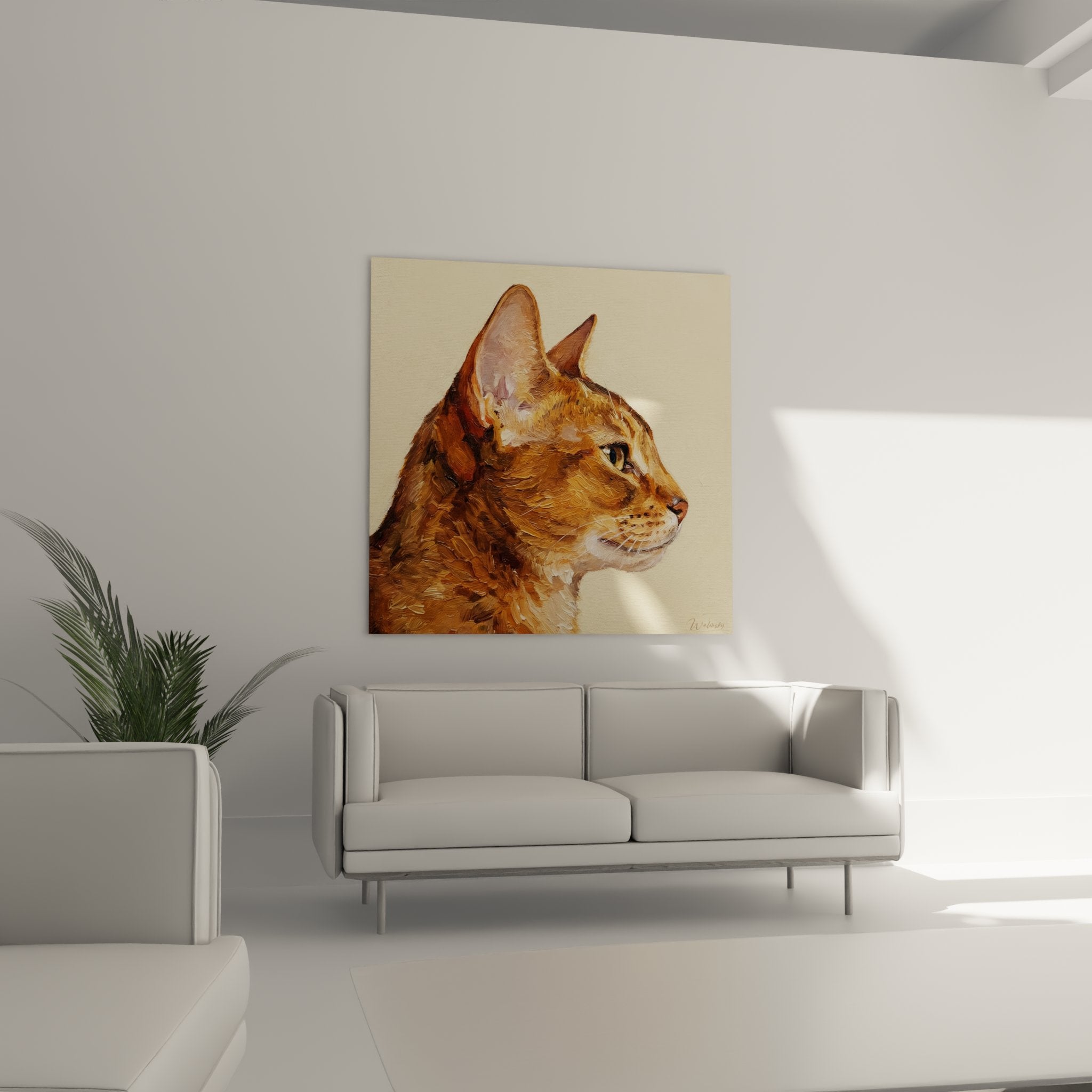 Dettaglio ravvicinato della pittura gatto abissino che mostra la texture del mantello fulvo e la tecnica degli impasti