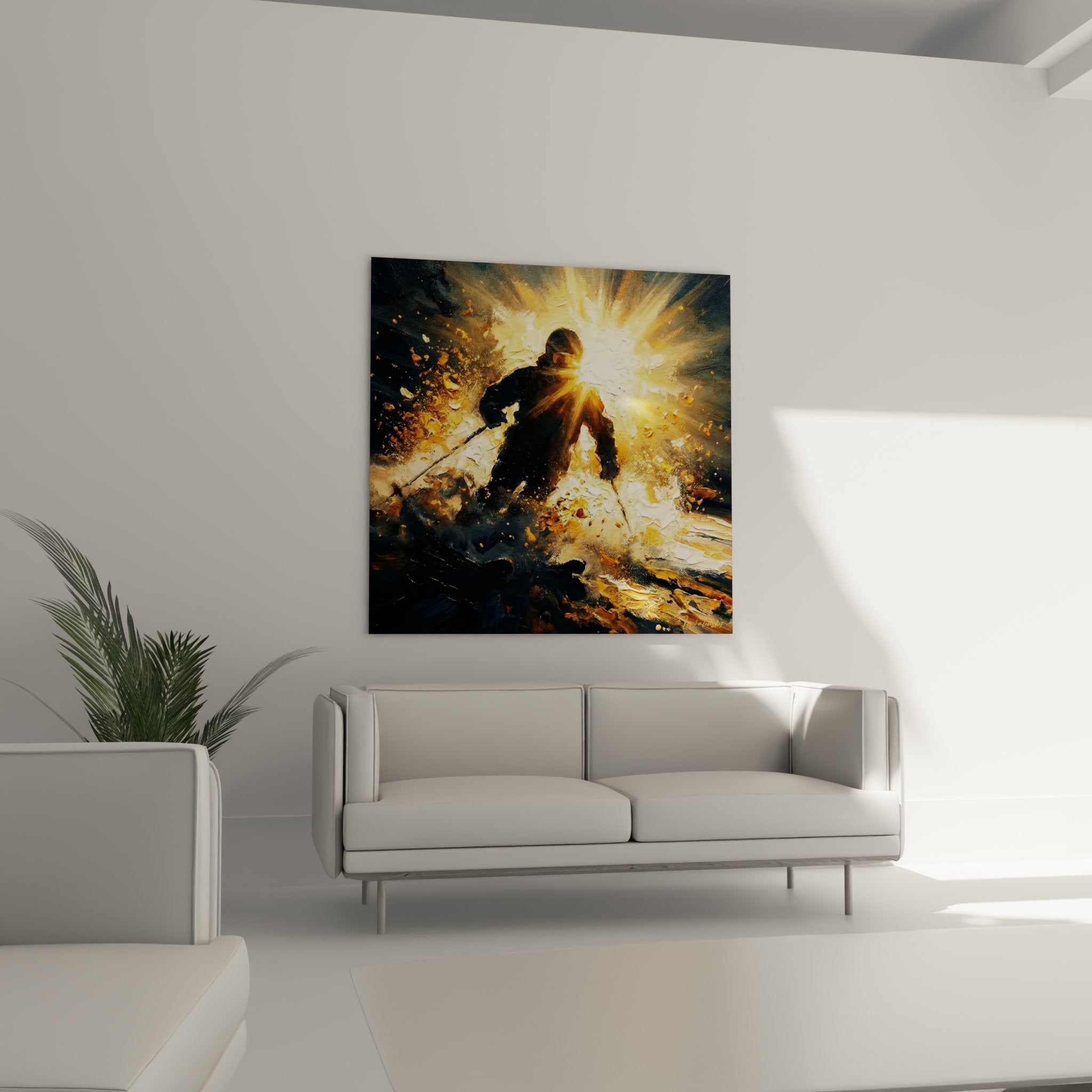 Détail rapproché tableau ski montrant texture peinture et effets lumineux dorés autour du skieur