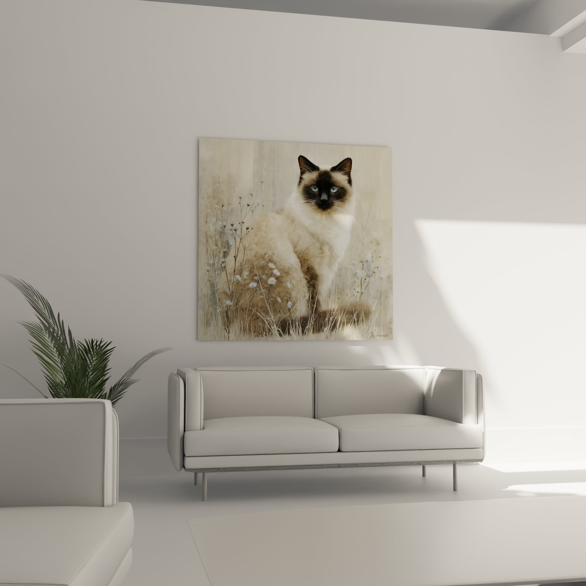 Close-up Birman cat painting blue eyes cream and beige coat artistic details white flowers