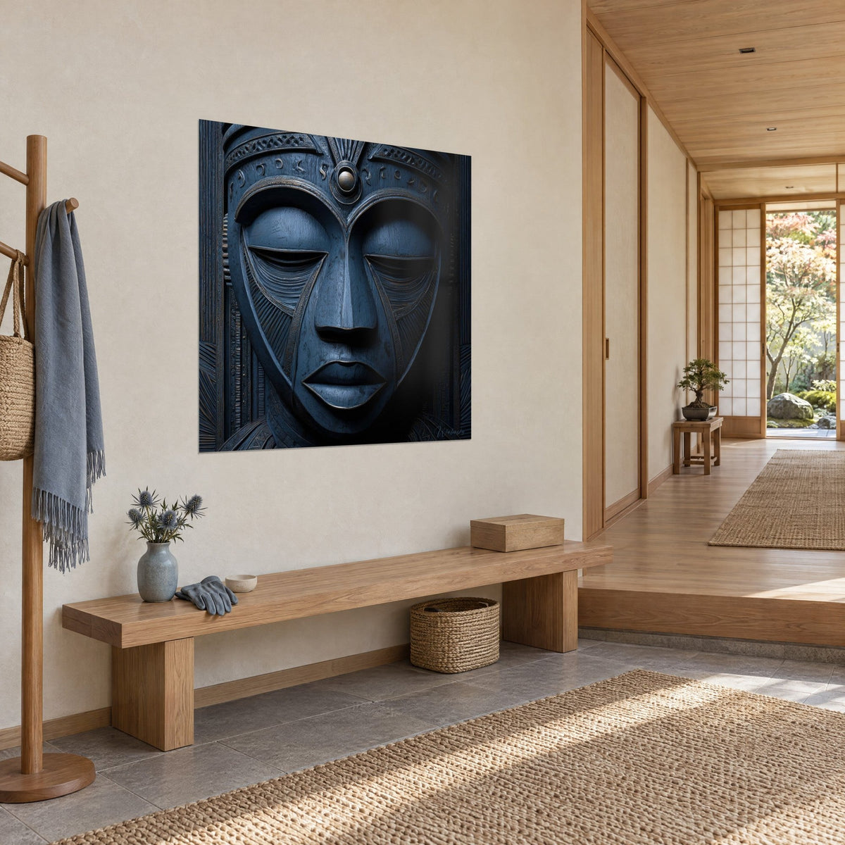Quadro maschera africana a rilievo, blu navy e bronzo, bottone dorato sulla fronte, su una parete beige accanto a una panca in legno