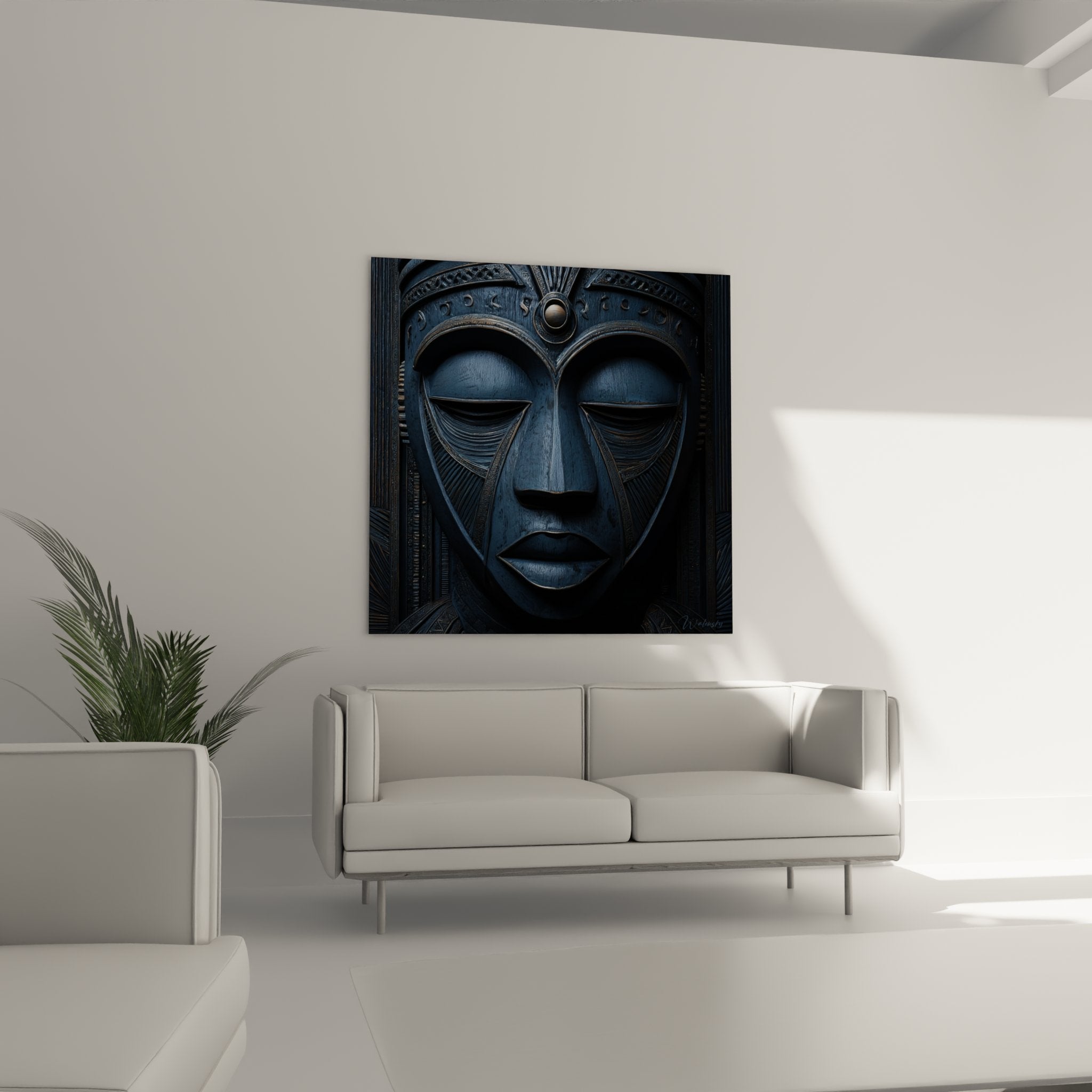 Dettaglio ravvicinato della maschera africana blu che mostra la texture in legno, i motivi incisi e le finiture artigianali