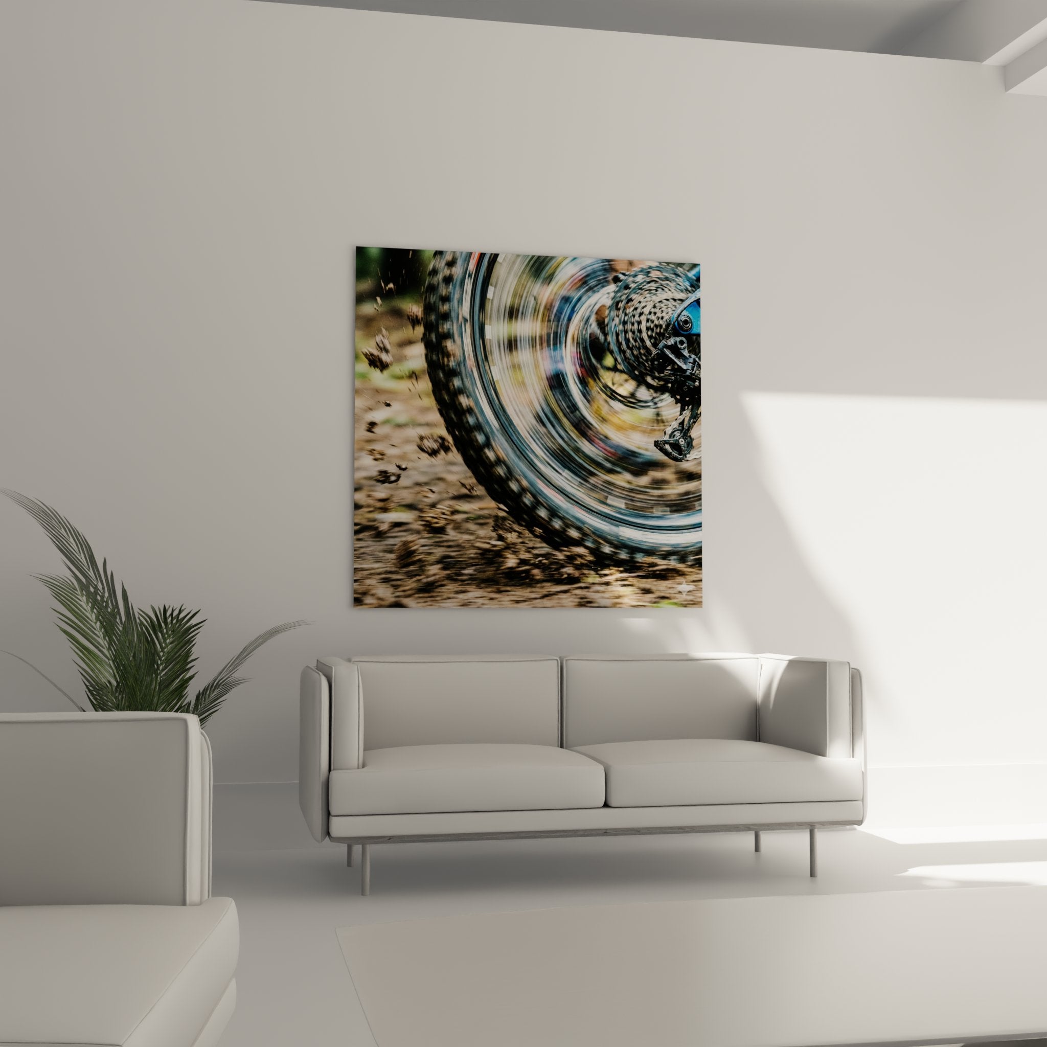 Detail artistique roue VTT effet mouvement spirale rayons dérailleur macro