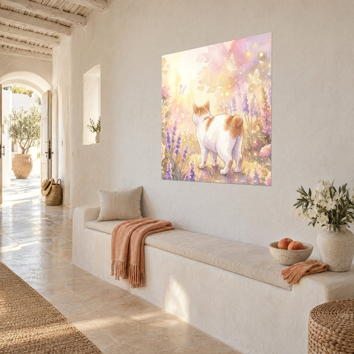Wall art tailless Manx cat, cream coat with orange patches, pink roses and lavender, three-quarter view on a light-colored banquette