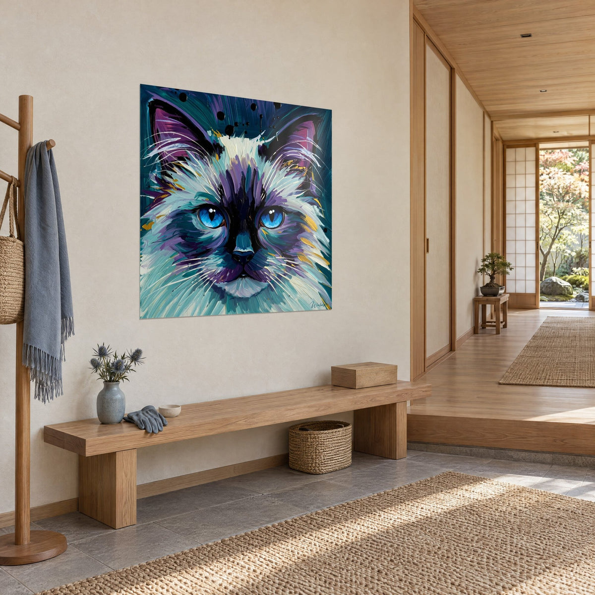Cuadro retrato de felino con máscara negra, ojos zafiro y fondo verde azulado, vista de tres cuartos en un recibidor japandi