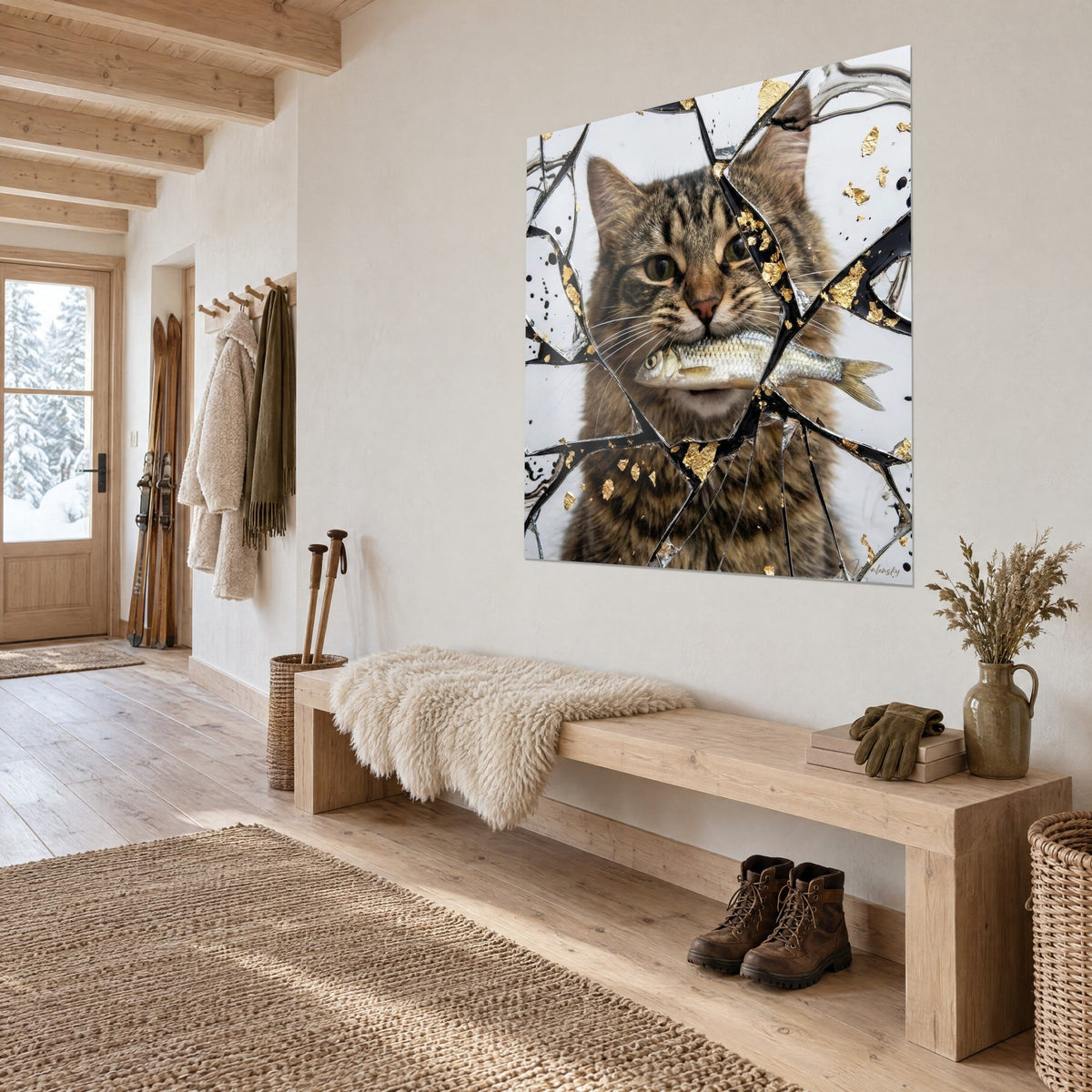 Schilderij bruine gestreepte kat die een sardine in zijn bek houdt, gouden splinters op witte achtergrond, lichte houten bank in een chalet-entree