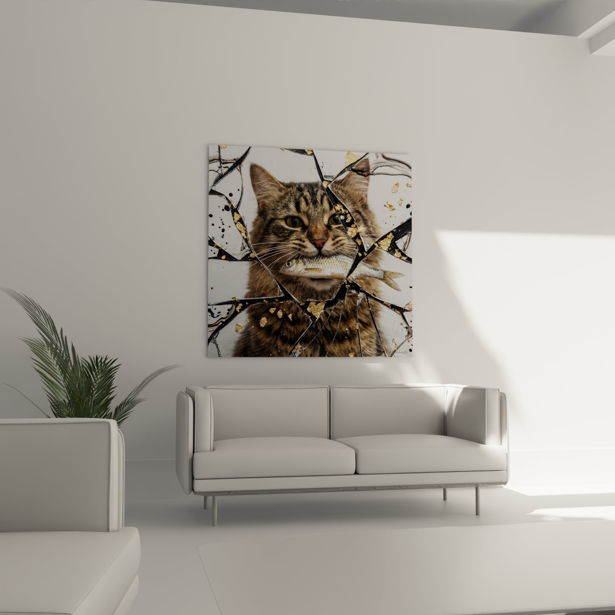 Close-up green eyes Kurilian Bobtail cat silver fish artistic effect fragmented mirror gold details