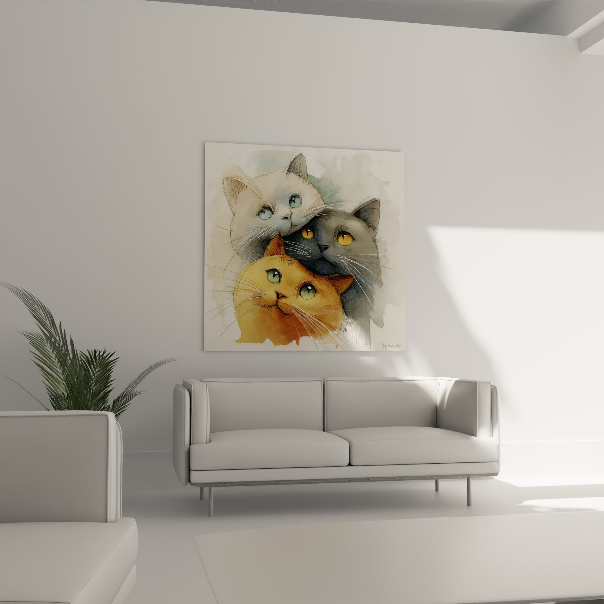 Detail Aquarell grau Chartreux Katze mit goldenen Augen und rote Katze mit grünen Augen - Flüssigpinsel-Technik