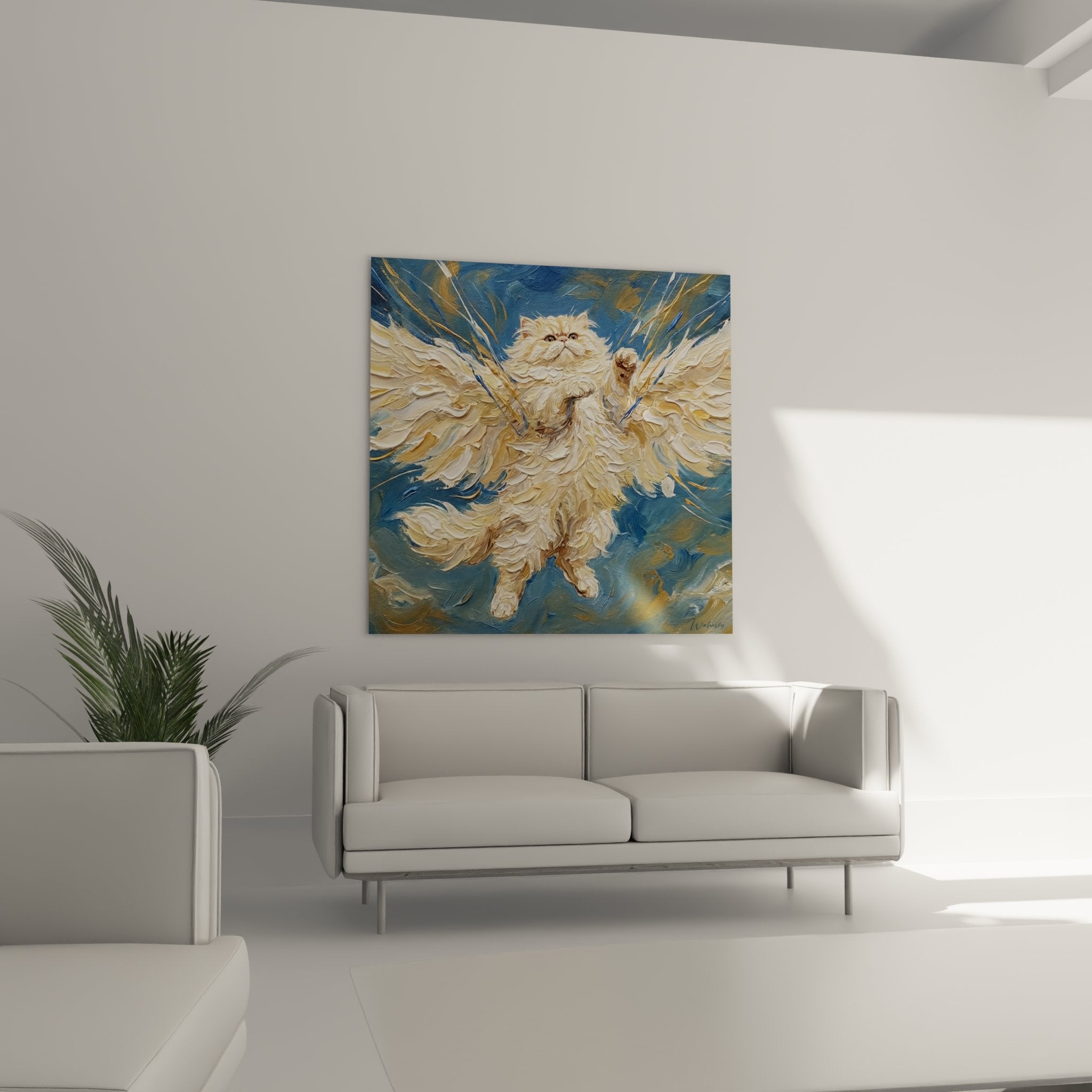 Primo piano pittura texture gatto persiano angelico, dettagli pelliccia dorata e ali, tecnica impasto visibile