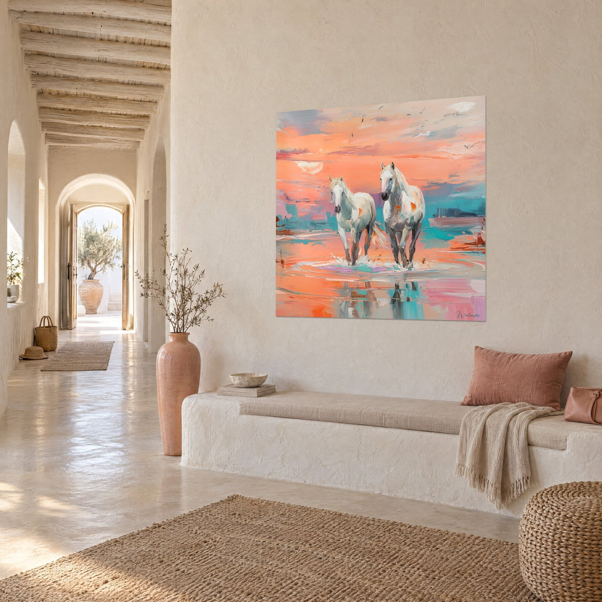 Wall art of Camargue stallions with ivory coats, orange and pink sky, water splashes, three-quarter view, vaulted corridor
