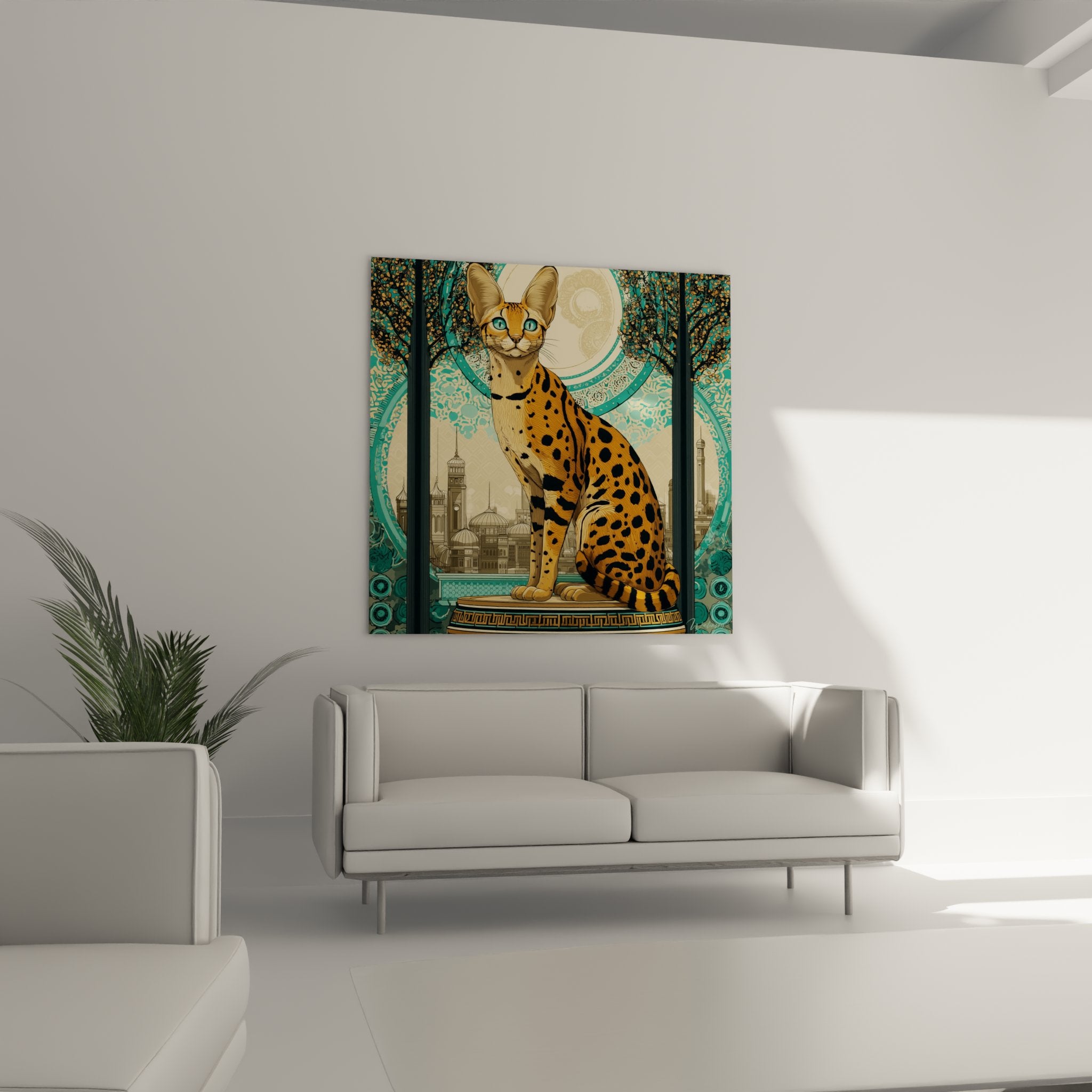 Close-up on the spotted coat details and turquoise eyes of the Chausie cat in the oriental wall art