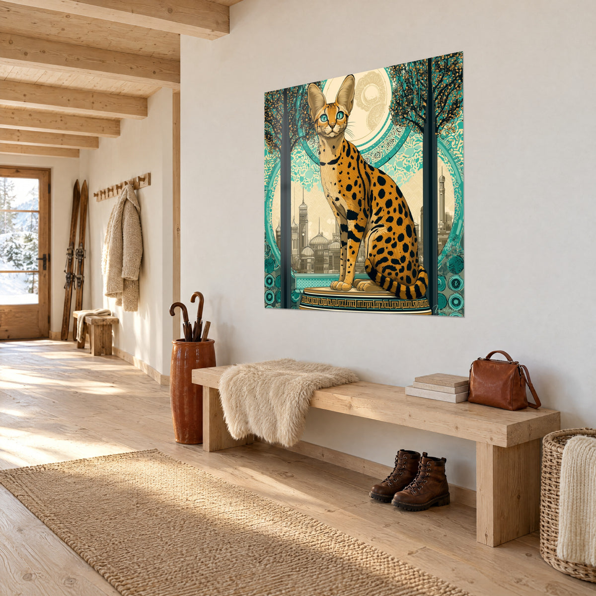 Tableau chat Chausie assis sur un socle à frise grecque, fond turquoise et crème, mur blanc d'un couloir de chalet