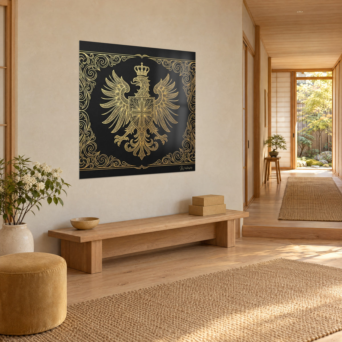 Quadro Stemma reale alato, scudo a croce dorata con volute su nero opaco, visto di tre quarti in un corridoio japandi chiaro