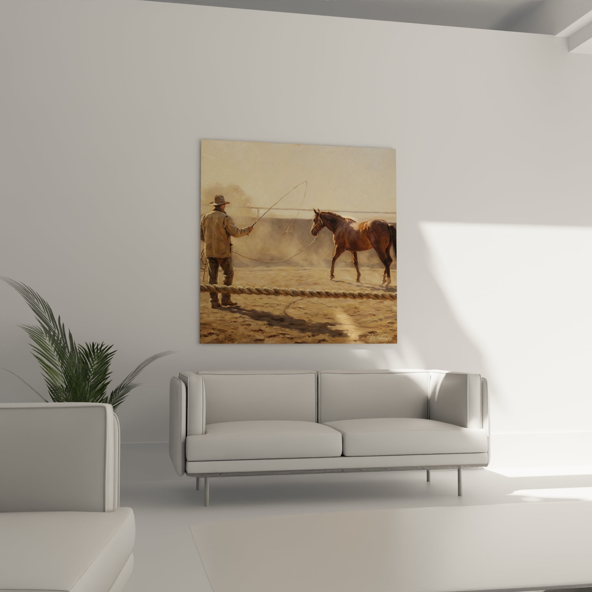 Dettaglio quadro addestramento equestre cowboy e cavallo baio tecnica longia arte western realistica