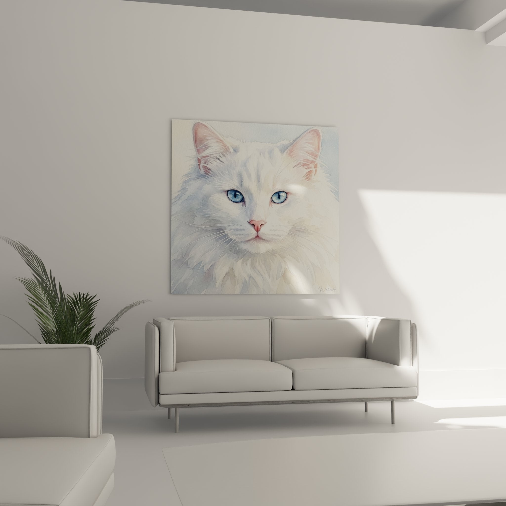 Détail portrait aquarelle chat Norwegian Forest Cat blanc, technique peinture délicate yeux bleus perçants