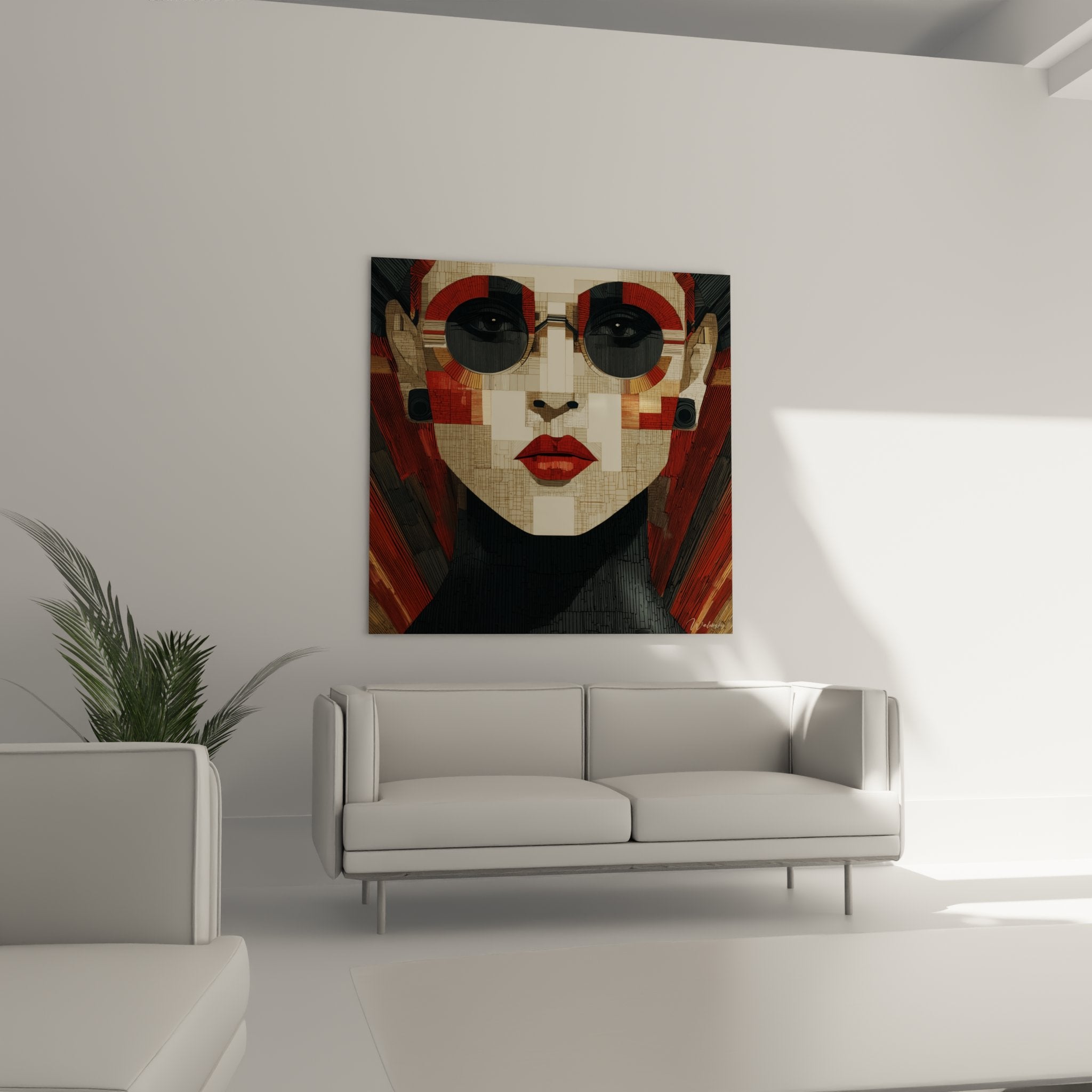 Detail portrait femme art deco lunettes rondes verres sombres levres rouge mosaique geometrique moderne