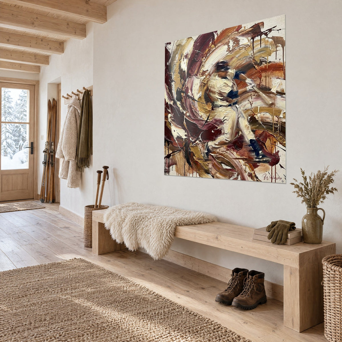 Tableau batteur au geste flou, empâtements ocre et bordeaux, coulures sombres en bas, sur un mur de chalet près d'un banc en bois