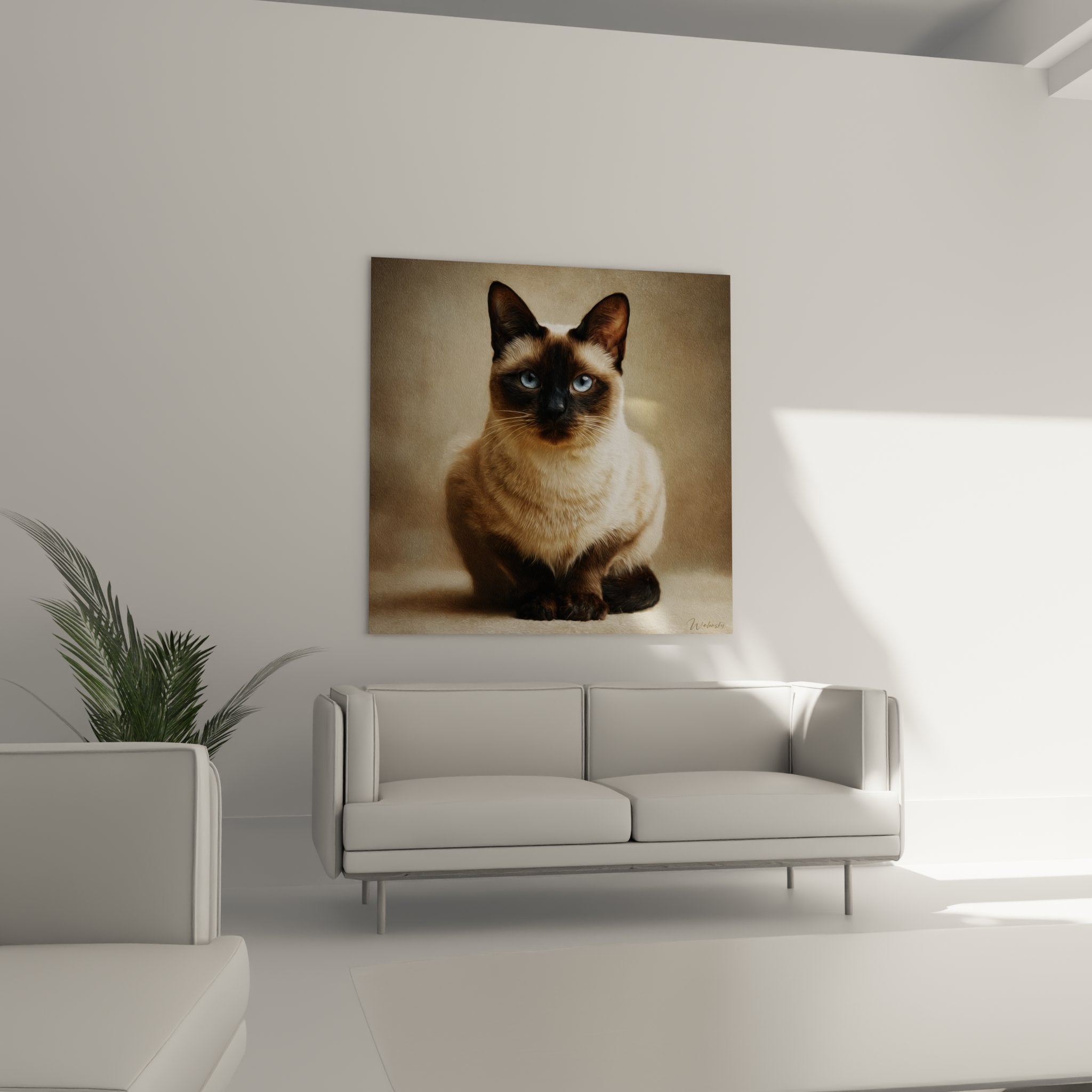 Détail rapproché tableau Burmese, yeux bleus perçants, texture pelage réaliste, art animalier