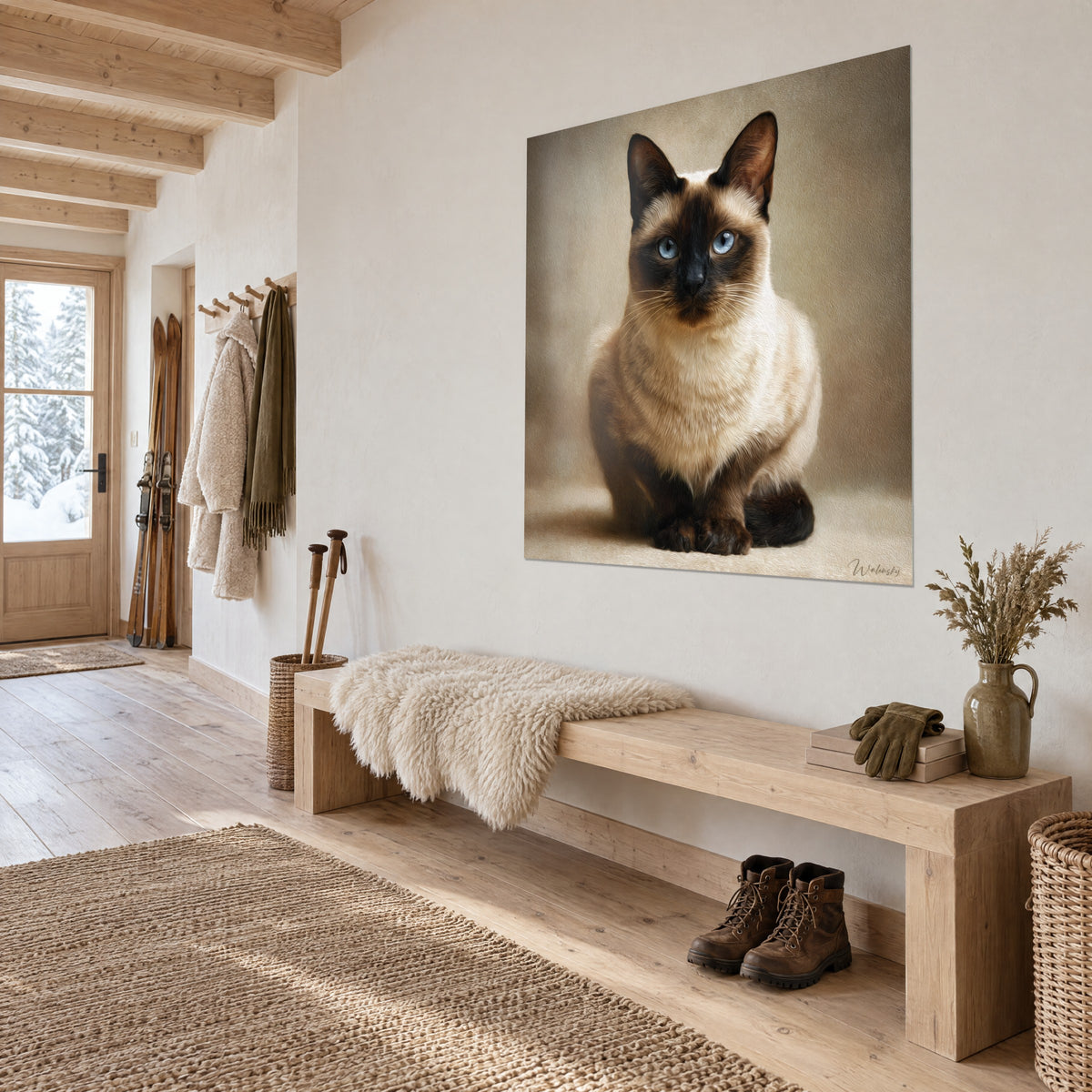 Gemälde Burmakatze mit durchdringendem blauem Blick, sandfarbenes Fell und schokoladenbraune Schnauze, Dreiviertelansicht in einem Holzflur im Chalet-Stil