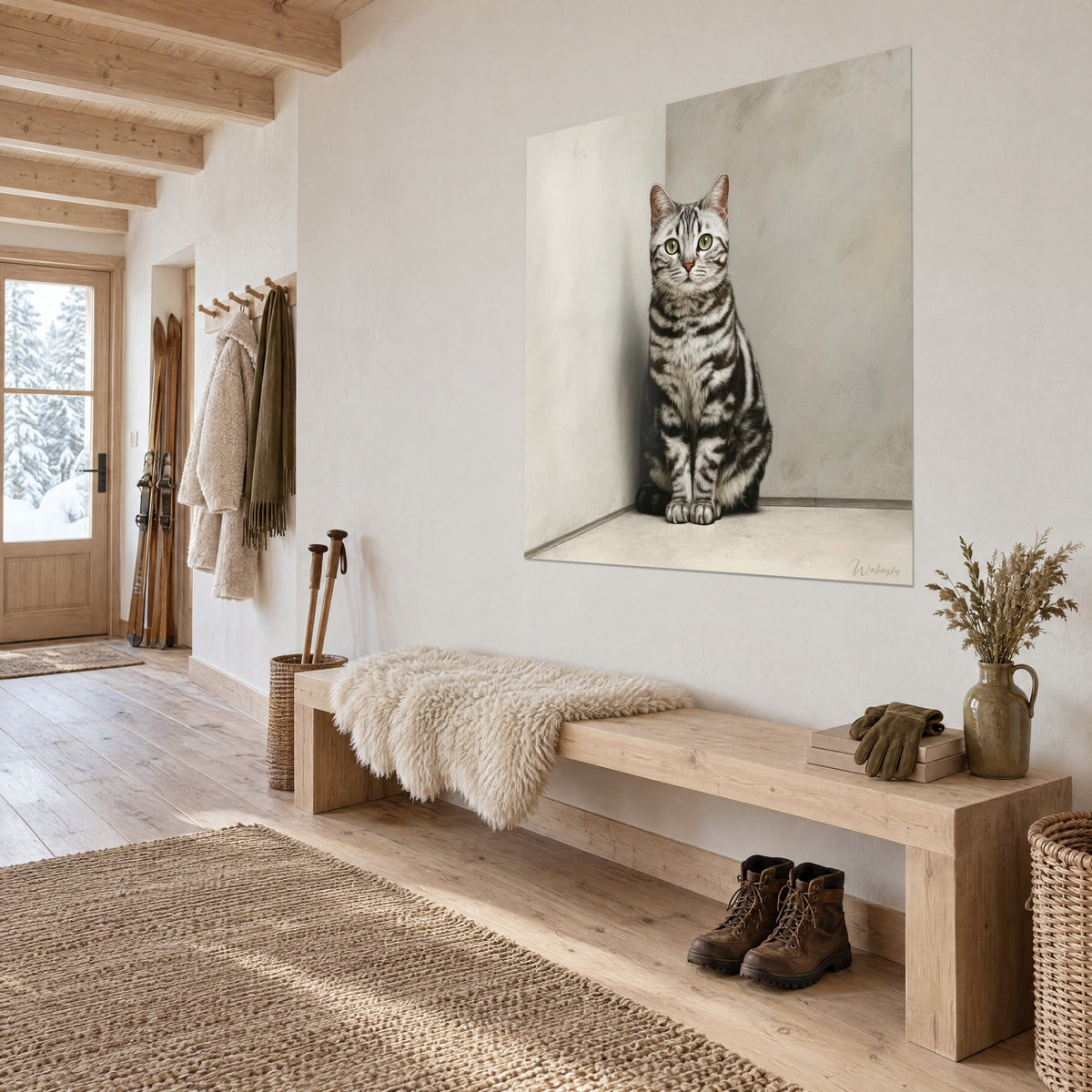 Πίνακας American Shorthair με ασημί και ανθρακί τρίχωμα, καθισμένη ίσια σε μπεζ γωνία, πάνω από ξύλινο παγκάκι εισόδου