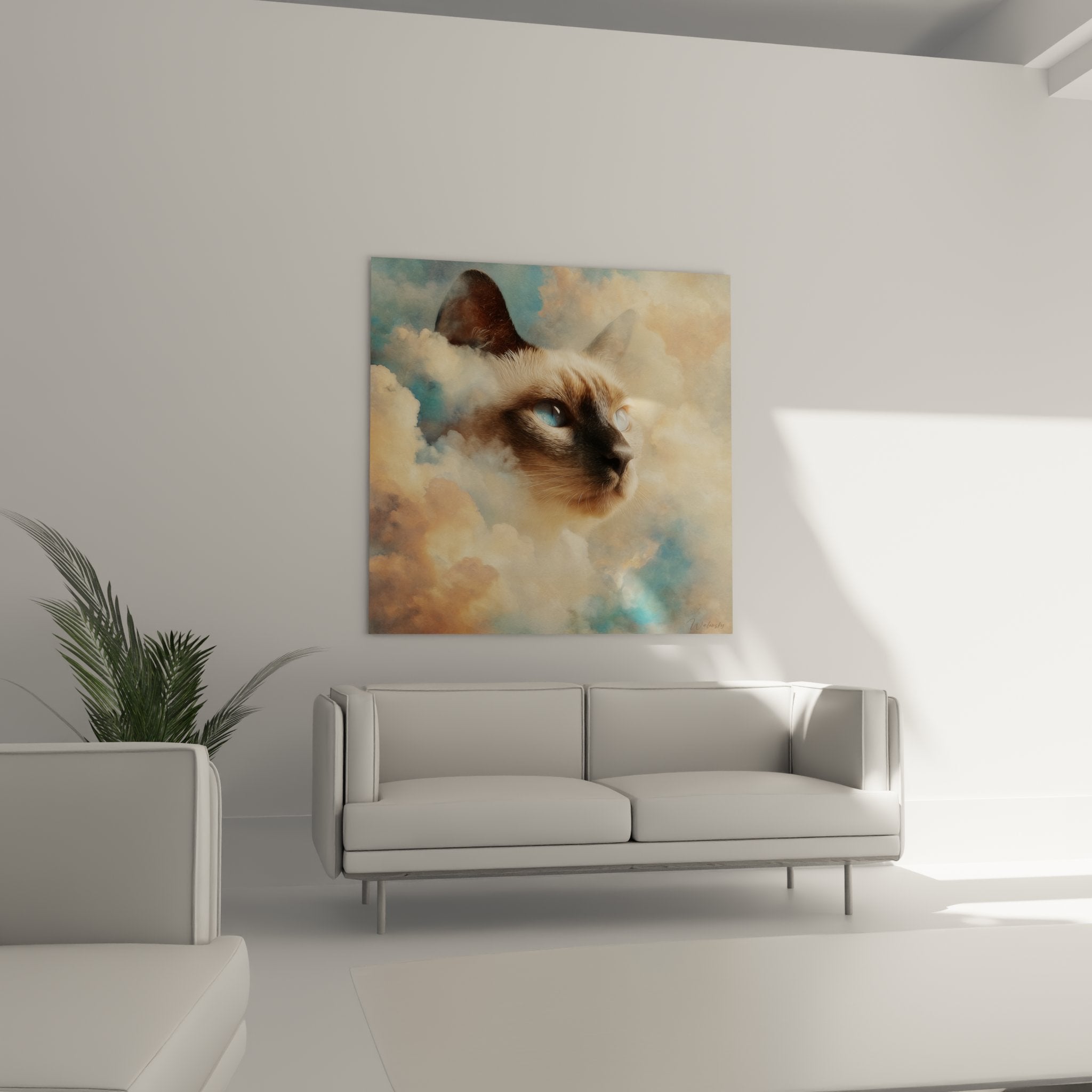 Detail rapproche tableau chat Tonkinese yeux bleus, technique artistique nuages dores, art mural felin