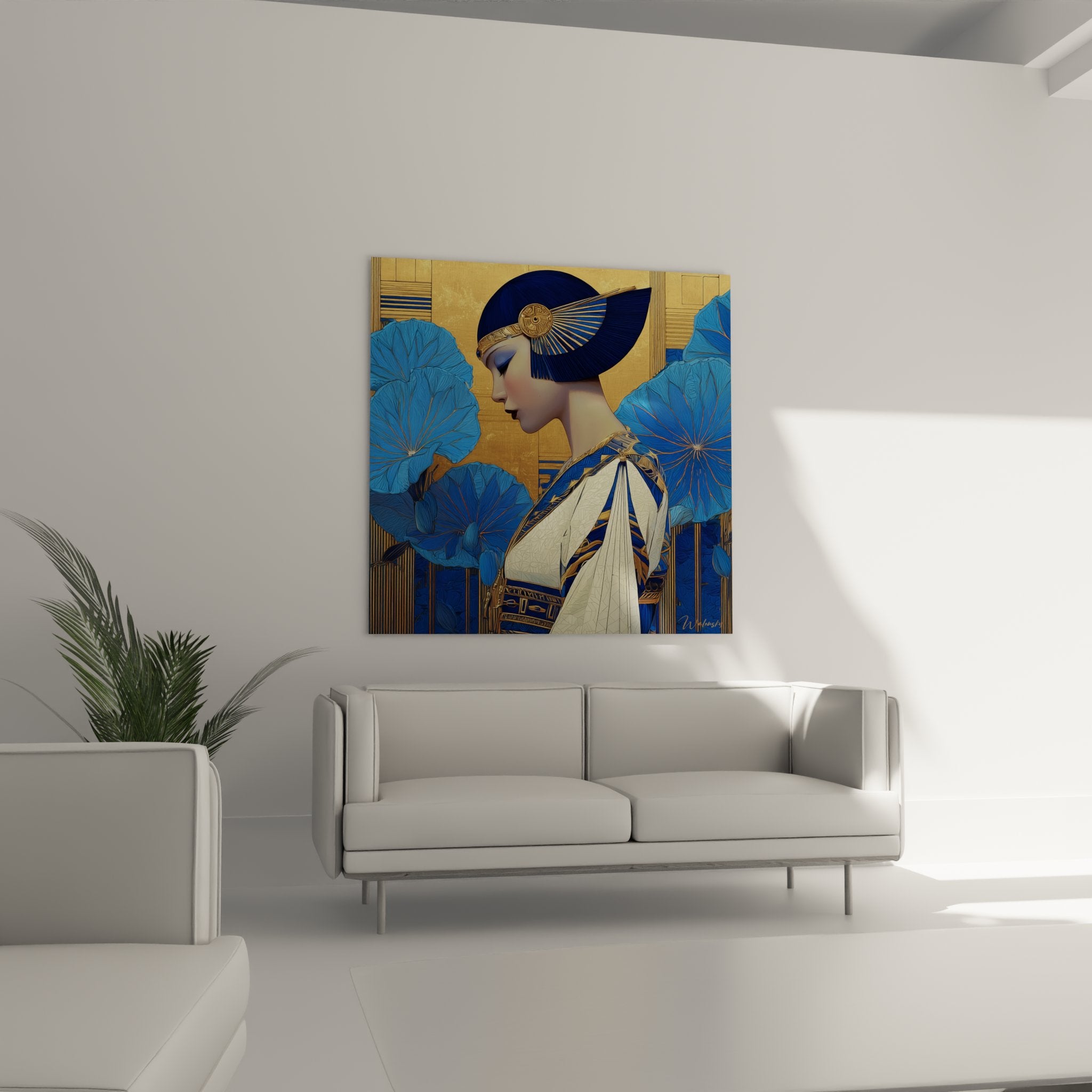 Detail art deco wall art with golden geometric patterns tiara elegant woman oriental style