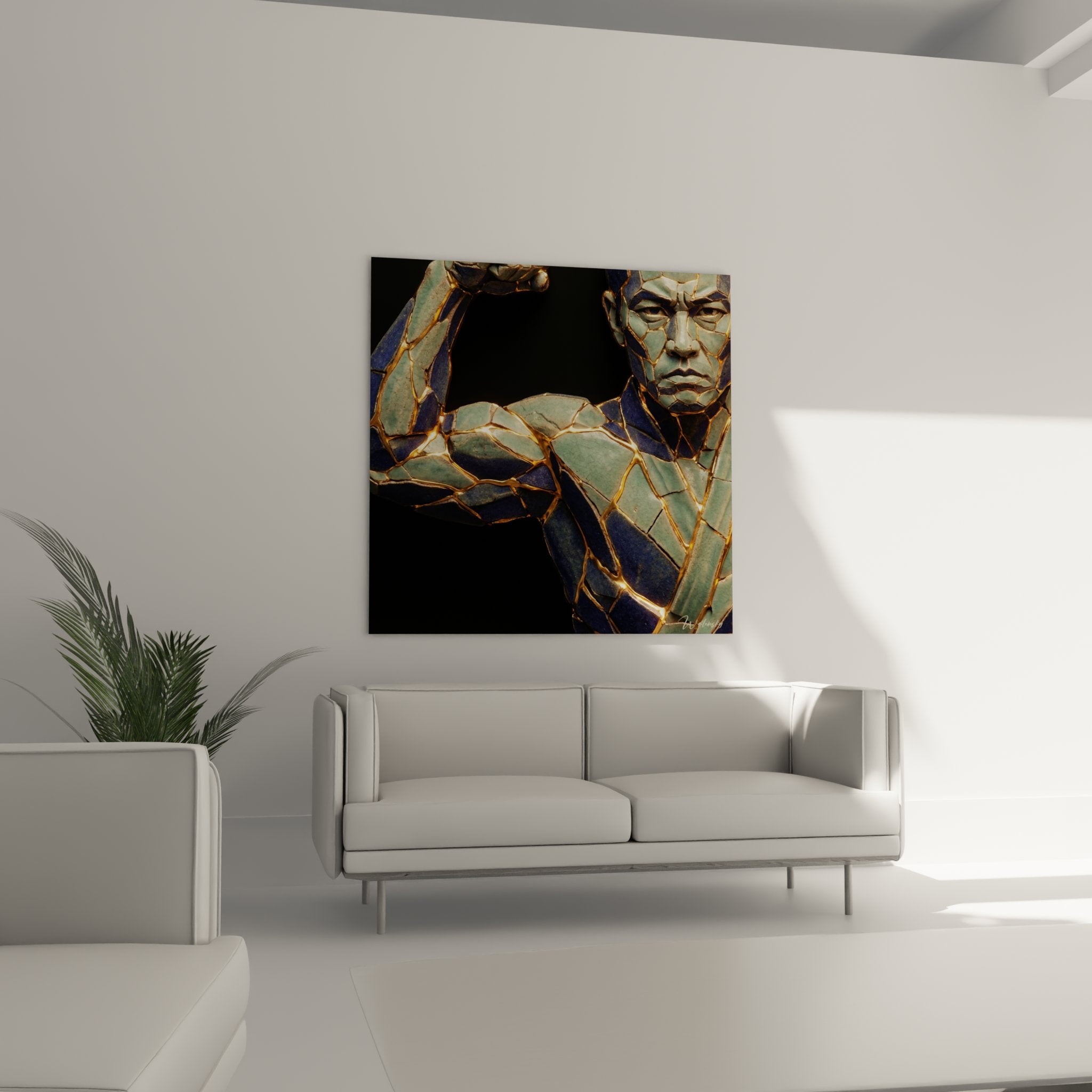 Détail rapproché des fragments de mosaïque dorée du visage du guerrier, technique kintsugi artistique