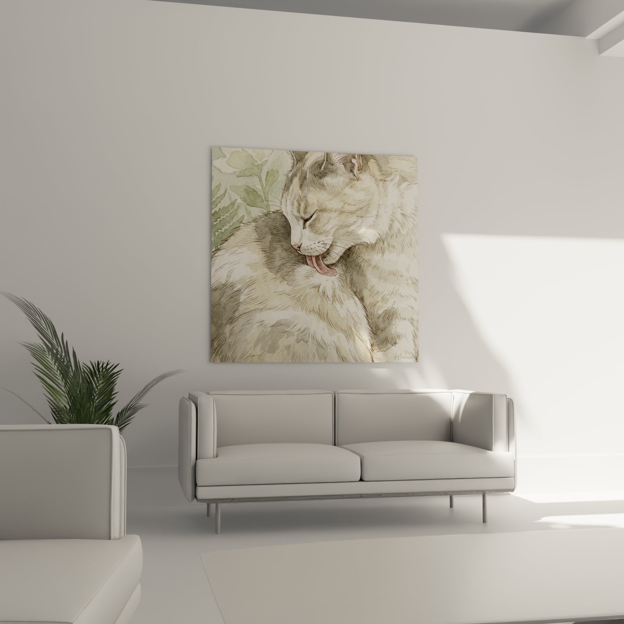 Dettaglio ravvicinato del quadro gatto Manx che mostra la tecnica dell'acquerello e le sfumature di colore sottili