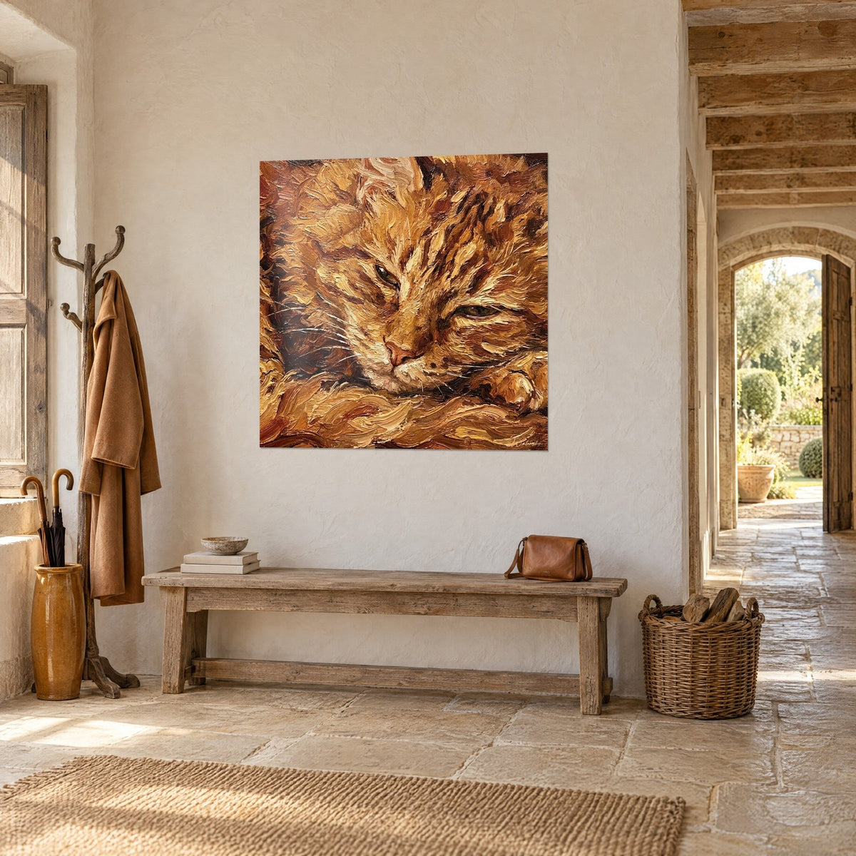 Schilderij oranje getijgerde kat met halfgesloten oogleden, paletmesstreken in honing- en koperbruin, opgehangen bij een stenen boog