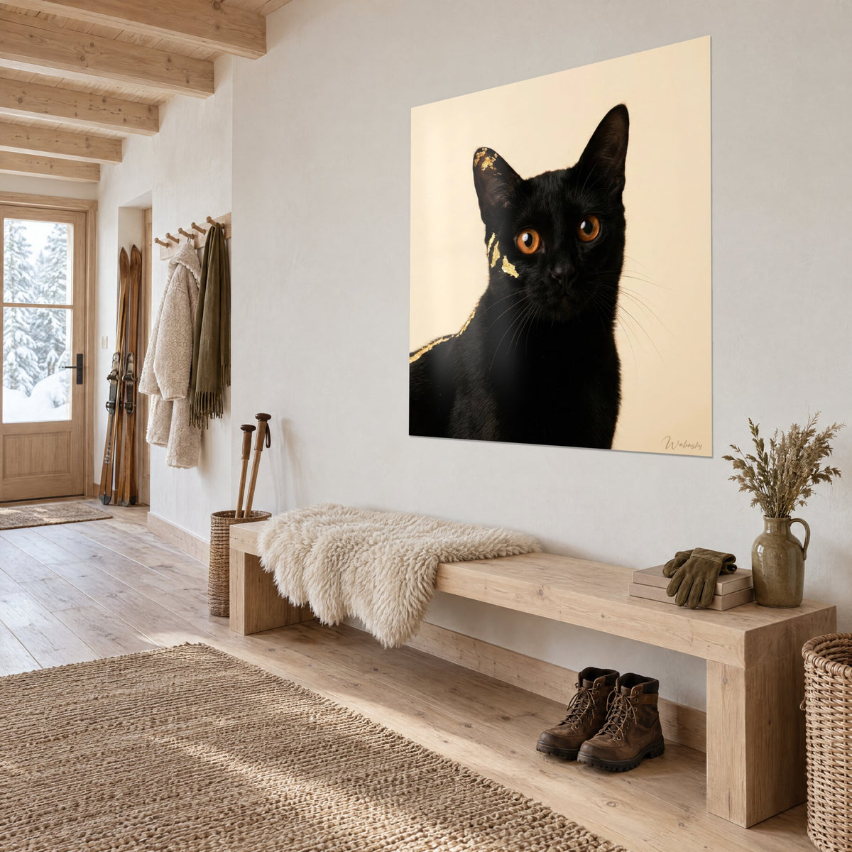 Gemälde Miniatur-Panther aus Ebenholz mit goldenen Blättern am Ohr, goldbeige Hintergrund, weiße Wand einer Holzhütte neben einer Holzbank