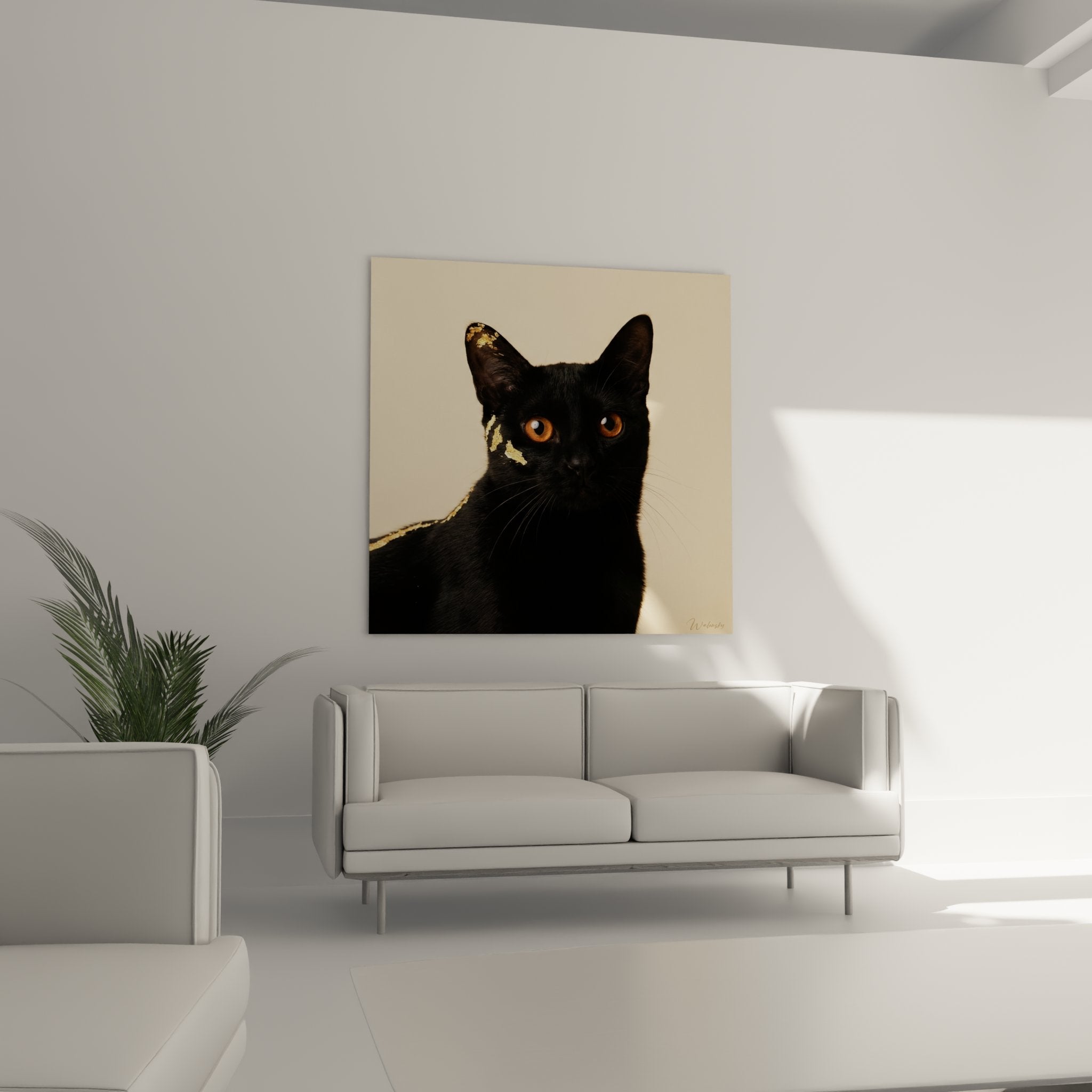 Nahaufnahme Gemälde schwarze Katze gold - Details bernsteinfarbene Augen und Goldakzente auf ebenholzfarbenem Fell