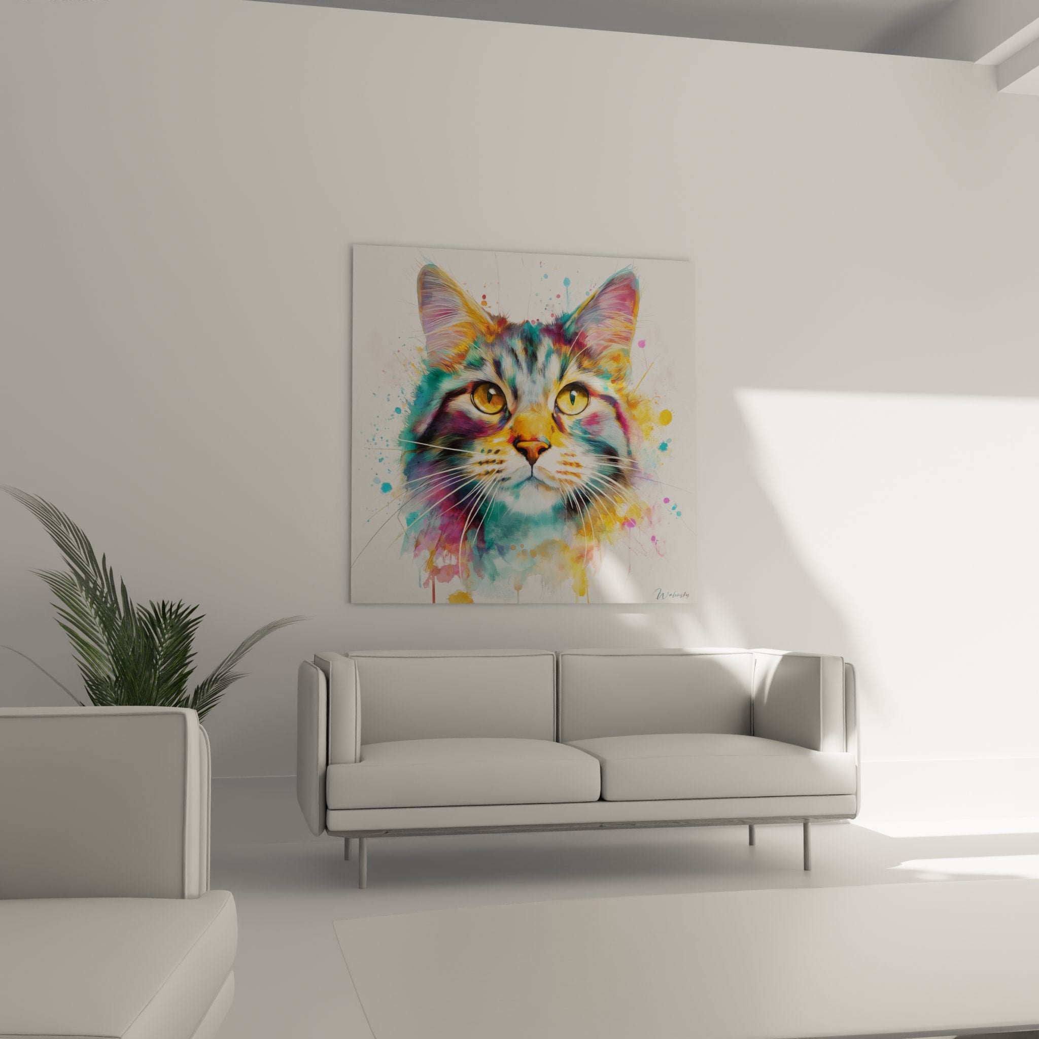 Nahaufnahme Gemälde American Bobtail Katze mit goldenen Augen, Aquarelltechnik mit mehrfarbigen Spritzeffekten