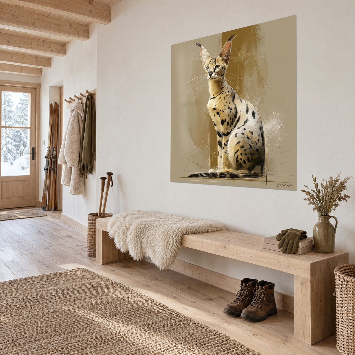 Tableau serval assis au regard vert, taches noires sur fourrure sable et brun doré, banc en bois et manteaux d'une entrée de chalet