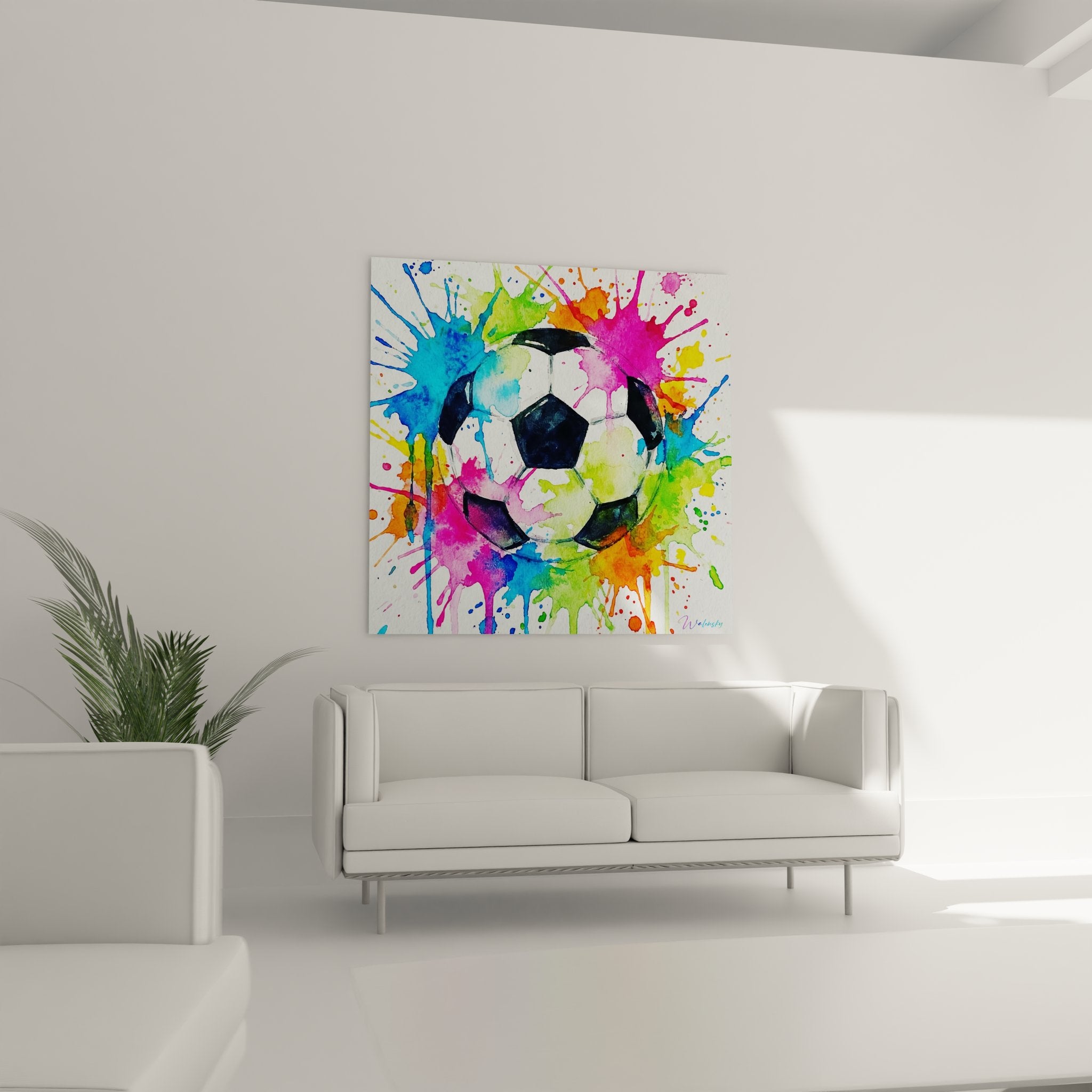 Détail rapproché du ballon de football entouré d'éclaboussures aquarelle multicolores artistiques