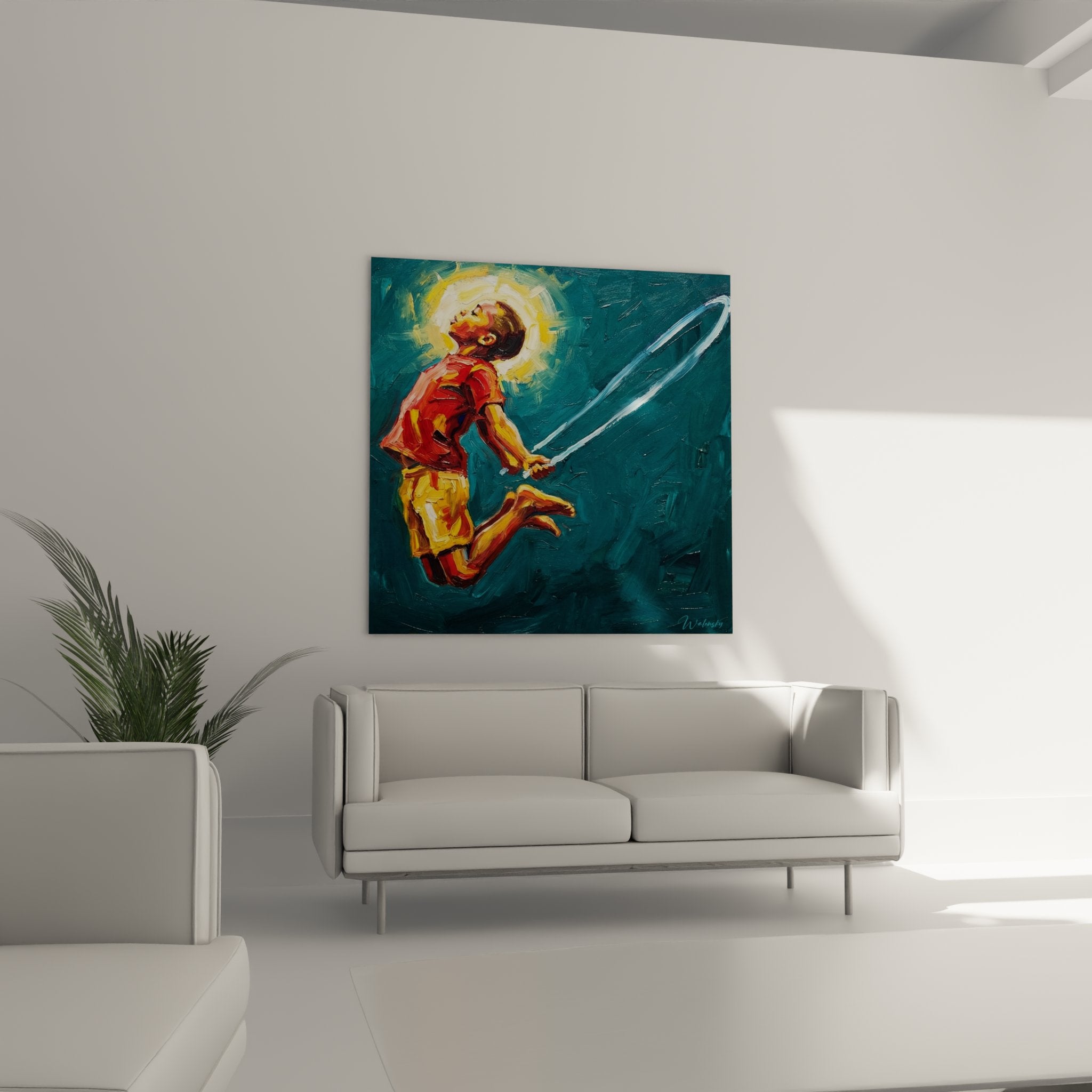 Child painting detail jump rope luminous face golden halo expressive technique