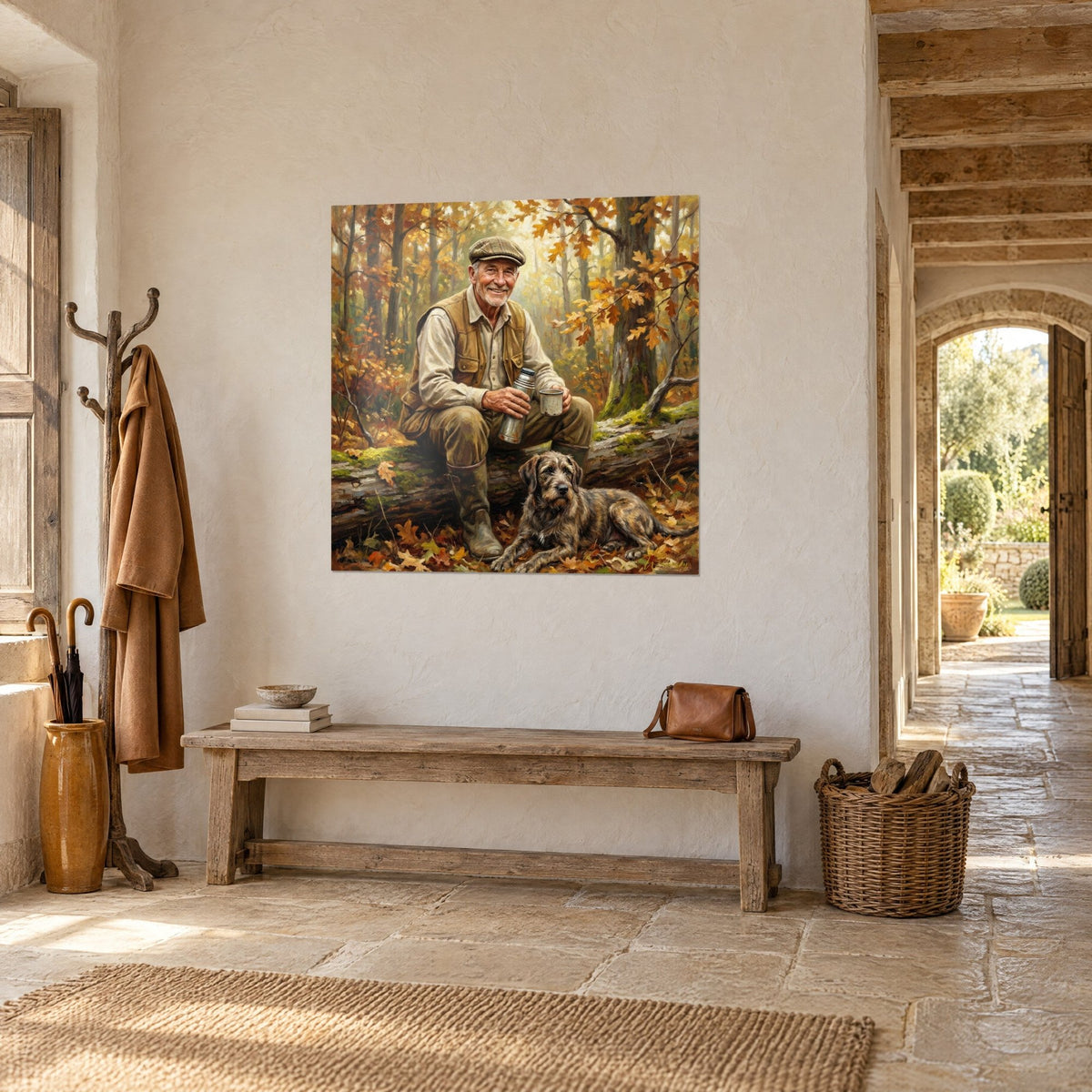 Cuadro de un hombre con gorra de tweed sentado junto a su grifón gris, follaje de roble naranja y verde musgo, muro de piedra y arco