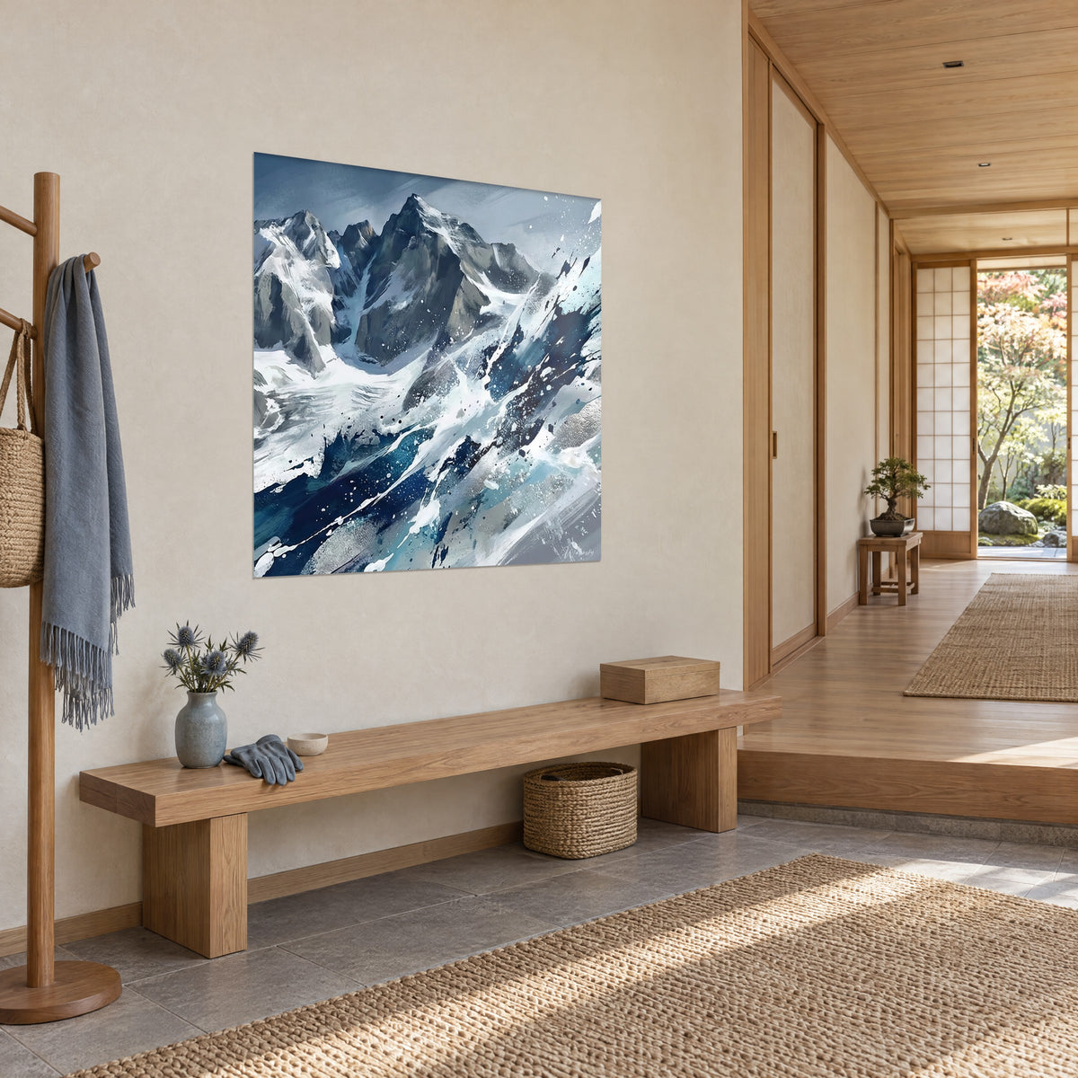 Wall art frosted alpine massif, slate grey peak and glacier blue streaks, seen from three-quarter view in a light wood hallway