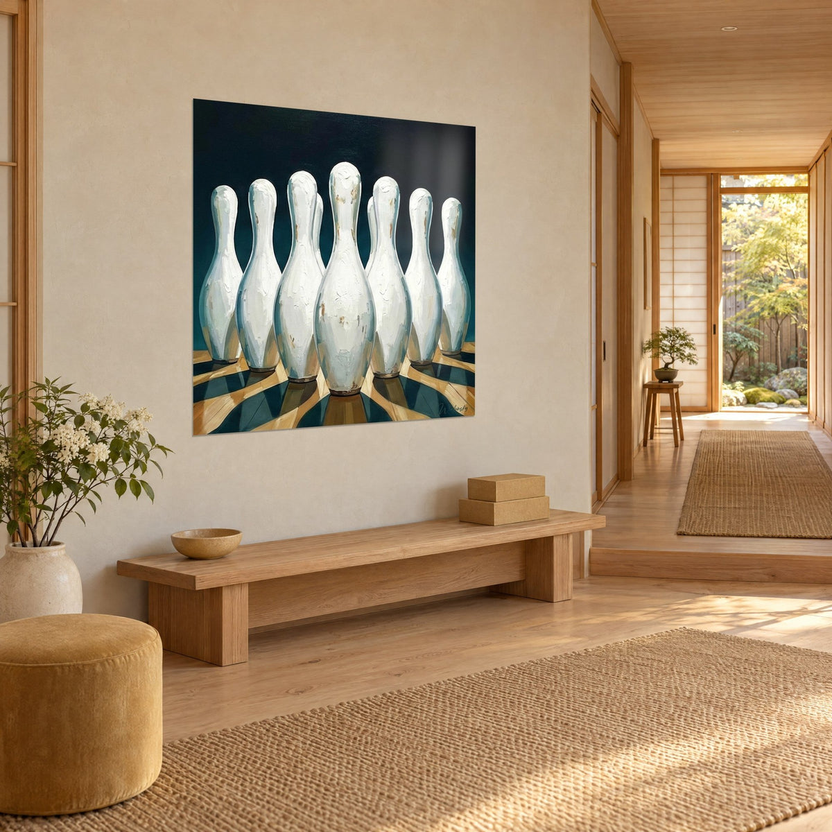 Wall art central ivory pin with flaking varnish, lane in golden and midnight blue parquet, three-quarter view in a Japandi entryway