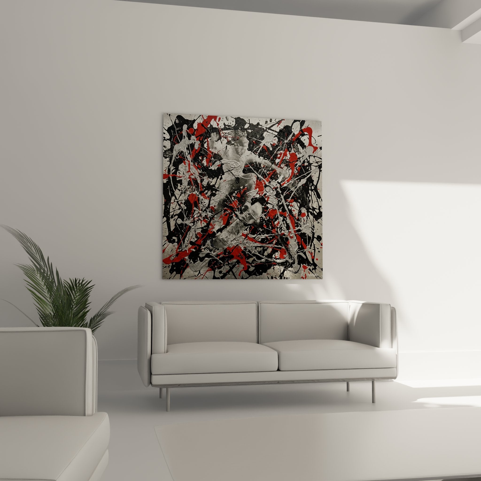 Detail rapproche tableau abstrait projections peinture rouge noire technique street art urbain