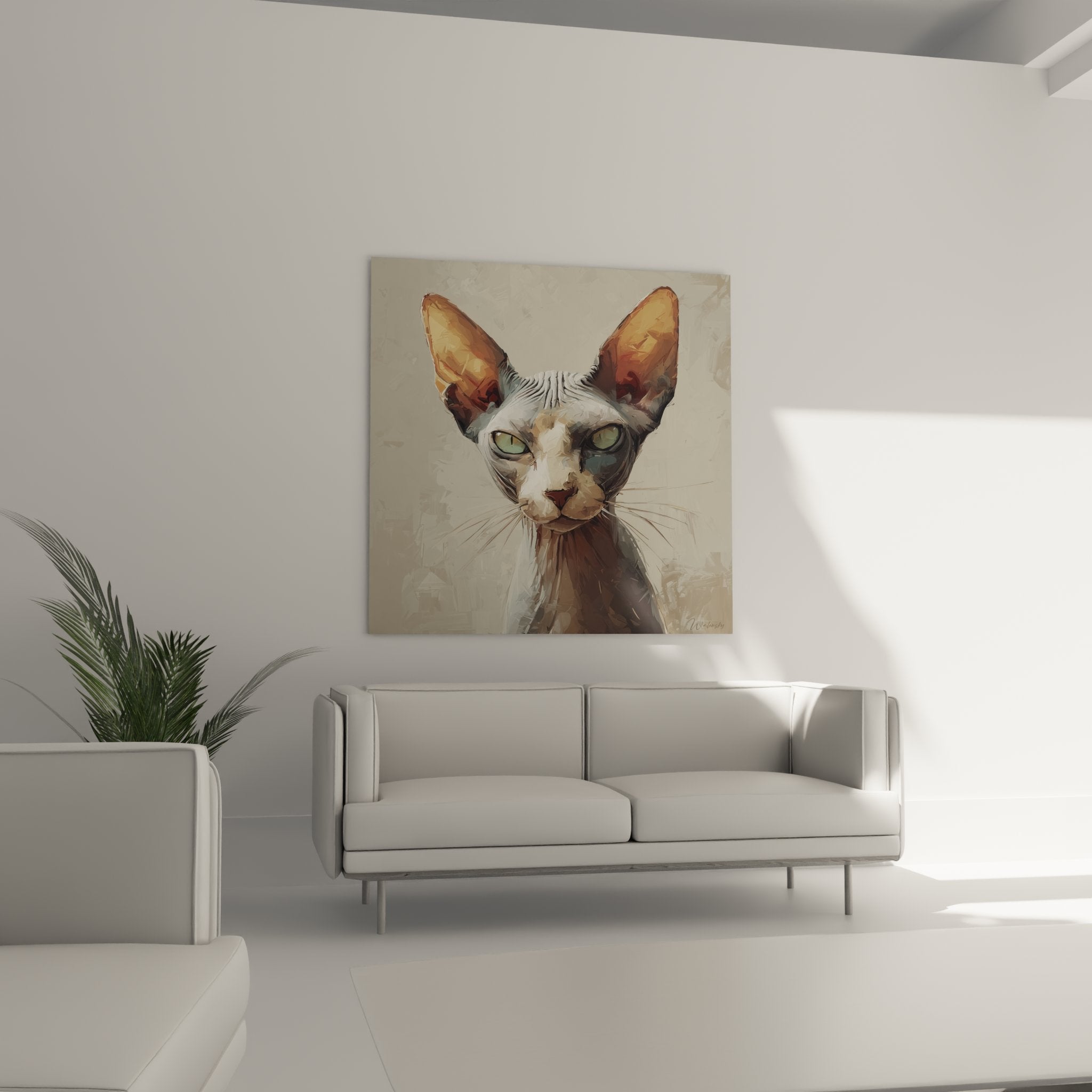 Dettaglio ravvicinato del ritratto del gatto Sphynx che mostra la finezza dei tratti e l'intensità dello sguardo verde